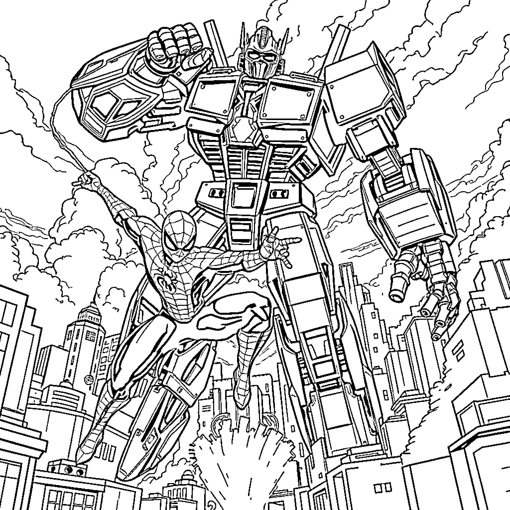 Spiderman battles giant robot in city Coloring Page (free black-and-white line drawing printable PDF for all, from beginners to advanced learners, including children, teens, adults, and seniors)