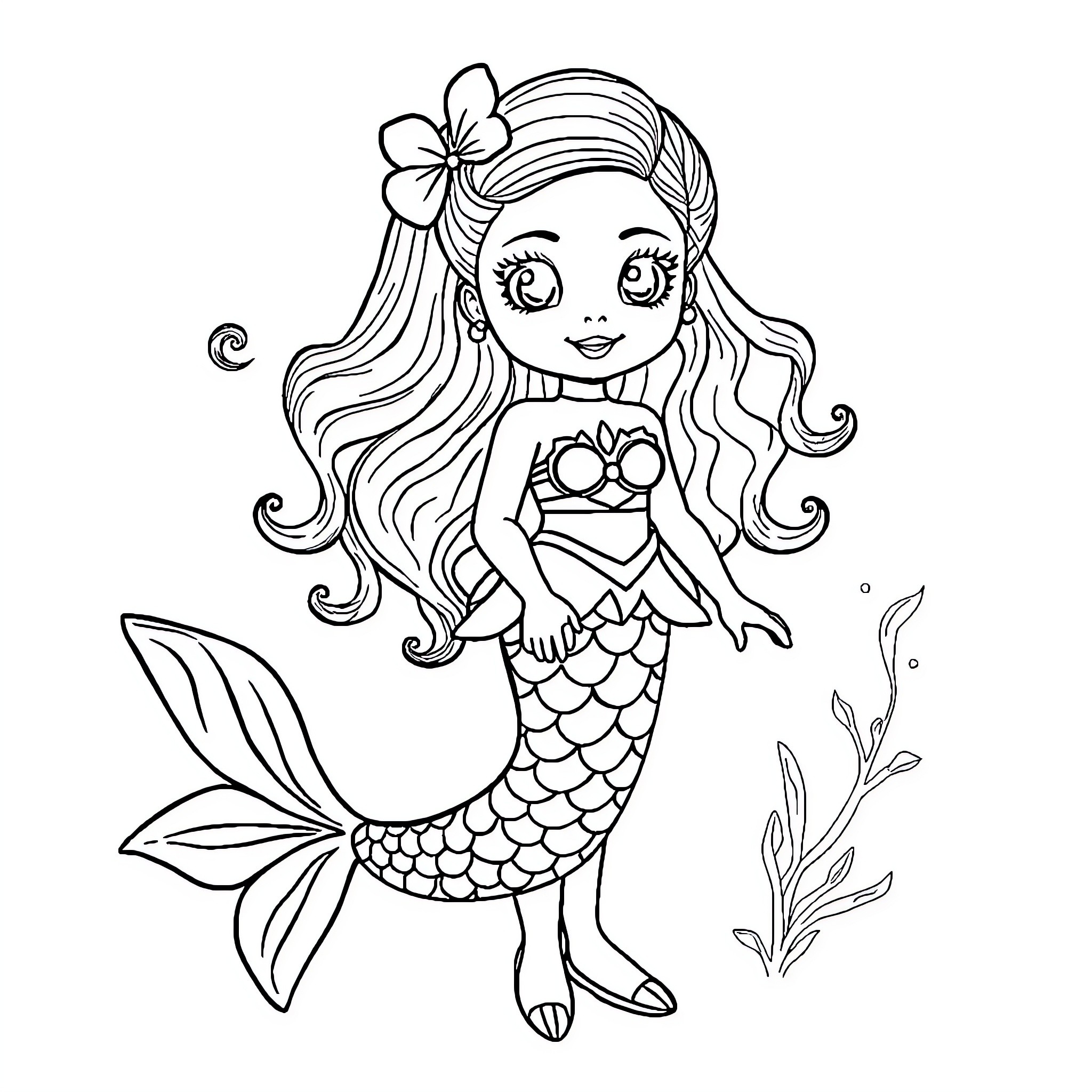 Gabby the Mermaid Playing in the Sea Coloring Page (free black-and-white line drawing printable PDF for all, from beginners to advanced learners, including children, teens, adults, and seniors)