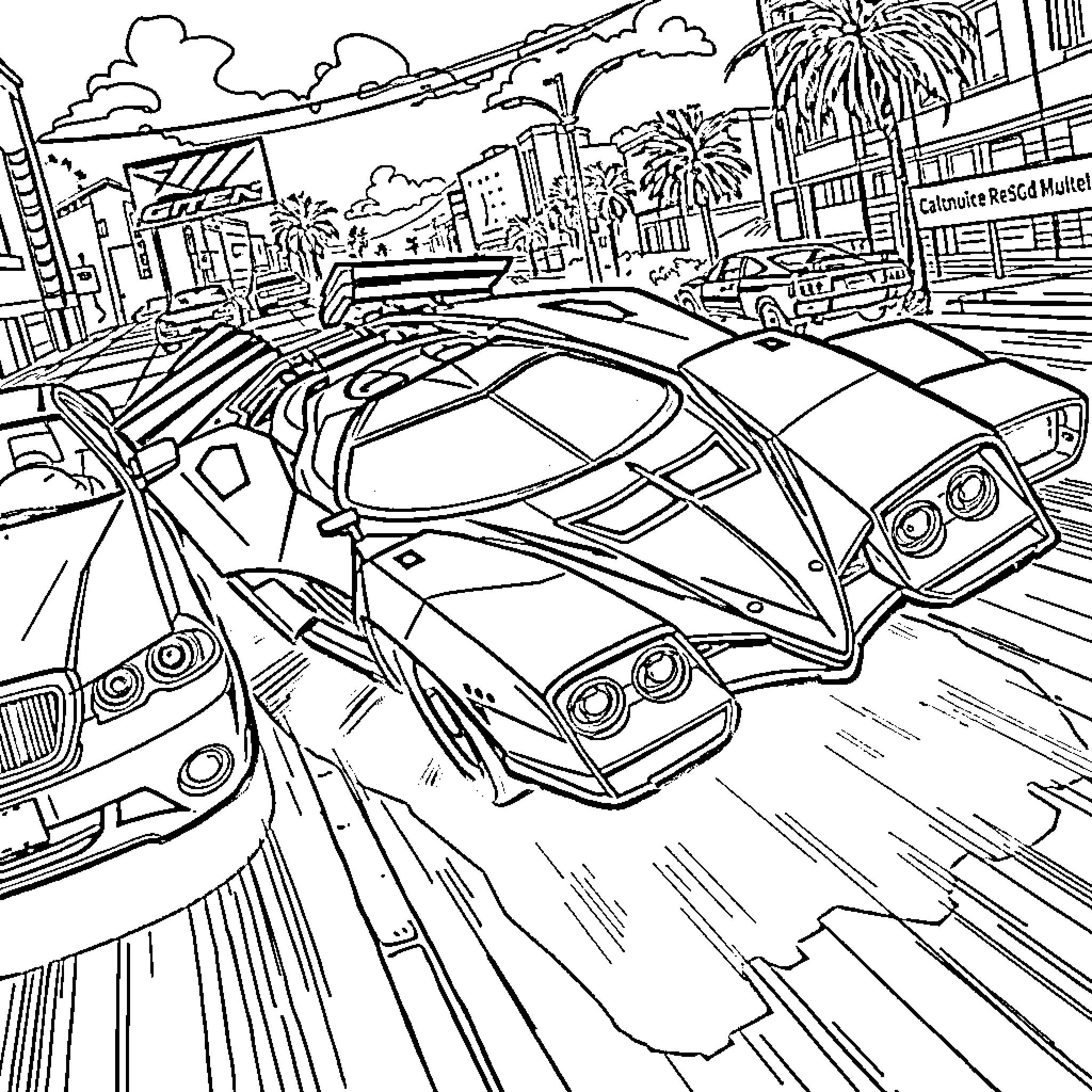 Phantom Wedge Racing on City Streets Coloring Page (free black-and-white line drawing printable PDF for all, from beginners to advanced learners, including children, teens, adults, and seniors)