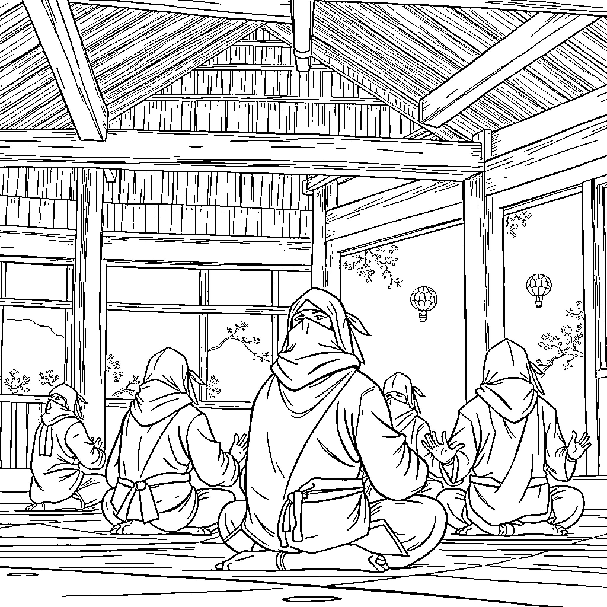 Ninja gathering in the tranquil courtyard Coloring Page (free black-and-white line drawing printable PDF for all, from beginners to advanced learners, including children, teens, adults, and seniors)