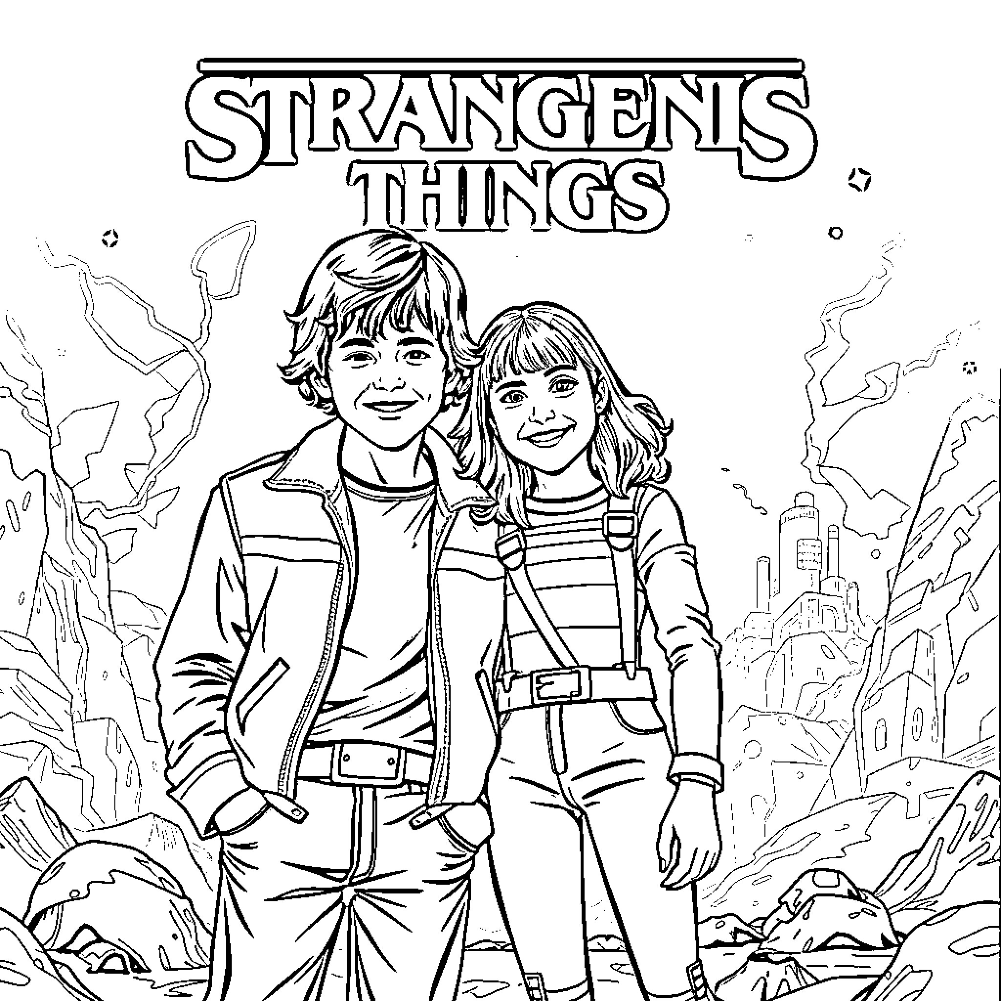 Steve and Robin's Stranger Things Adventure Coloring Page (free black-and-white line drawing printable PDF for all, from beginners to advanced learners, including children, teens, adults, and seniors)