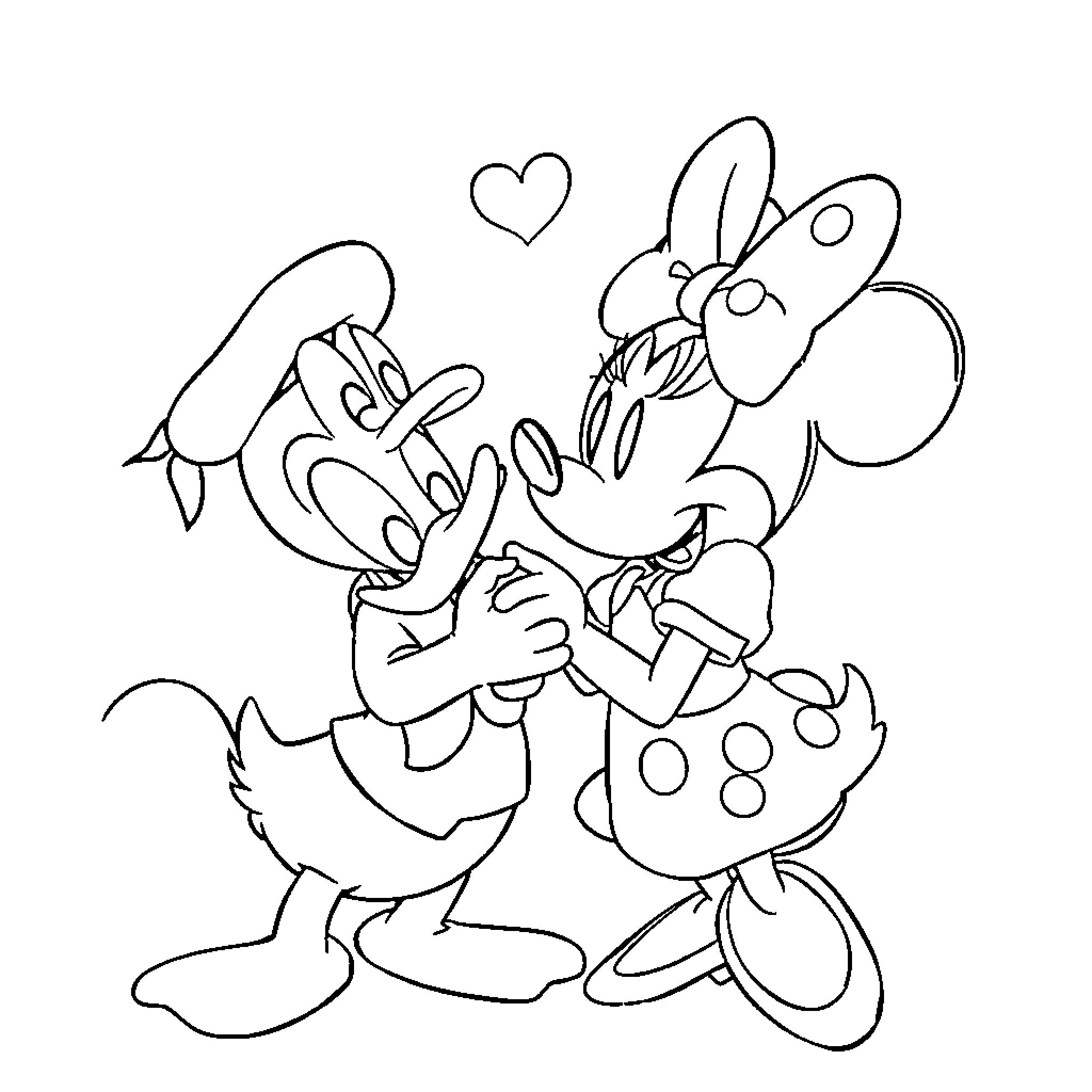 Donald Duck and Minnie Mouse in a loving embrace Coloring Page (free black-and-white line drawing printable PDF for all, from beginners to advanced learners, including children, teens, adults, and seniors)