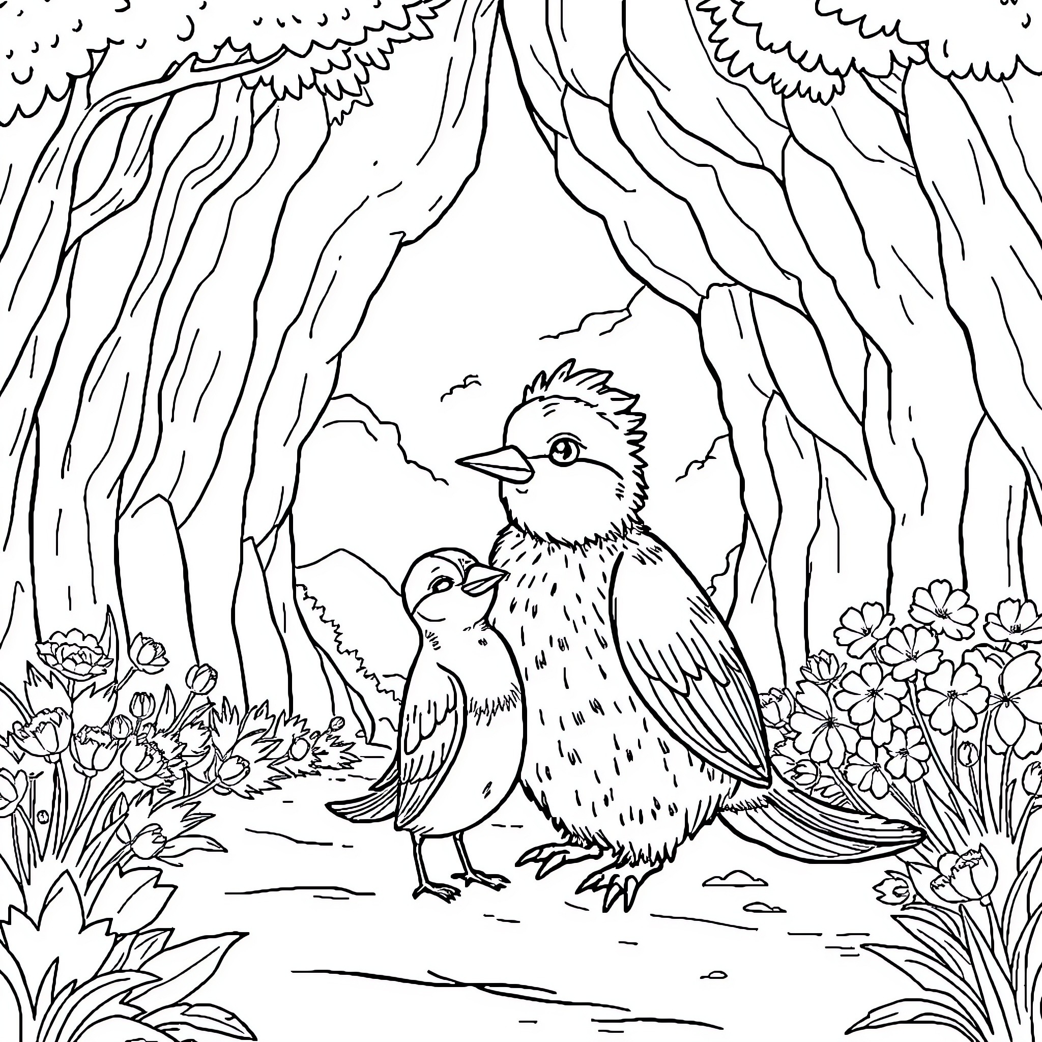 Horse birds in a lush forest scene Coloring Page (free black-and-white line drawing printable PDF for all, from beginners to advanced learners, including children, teens, adults, and seniors)