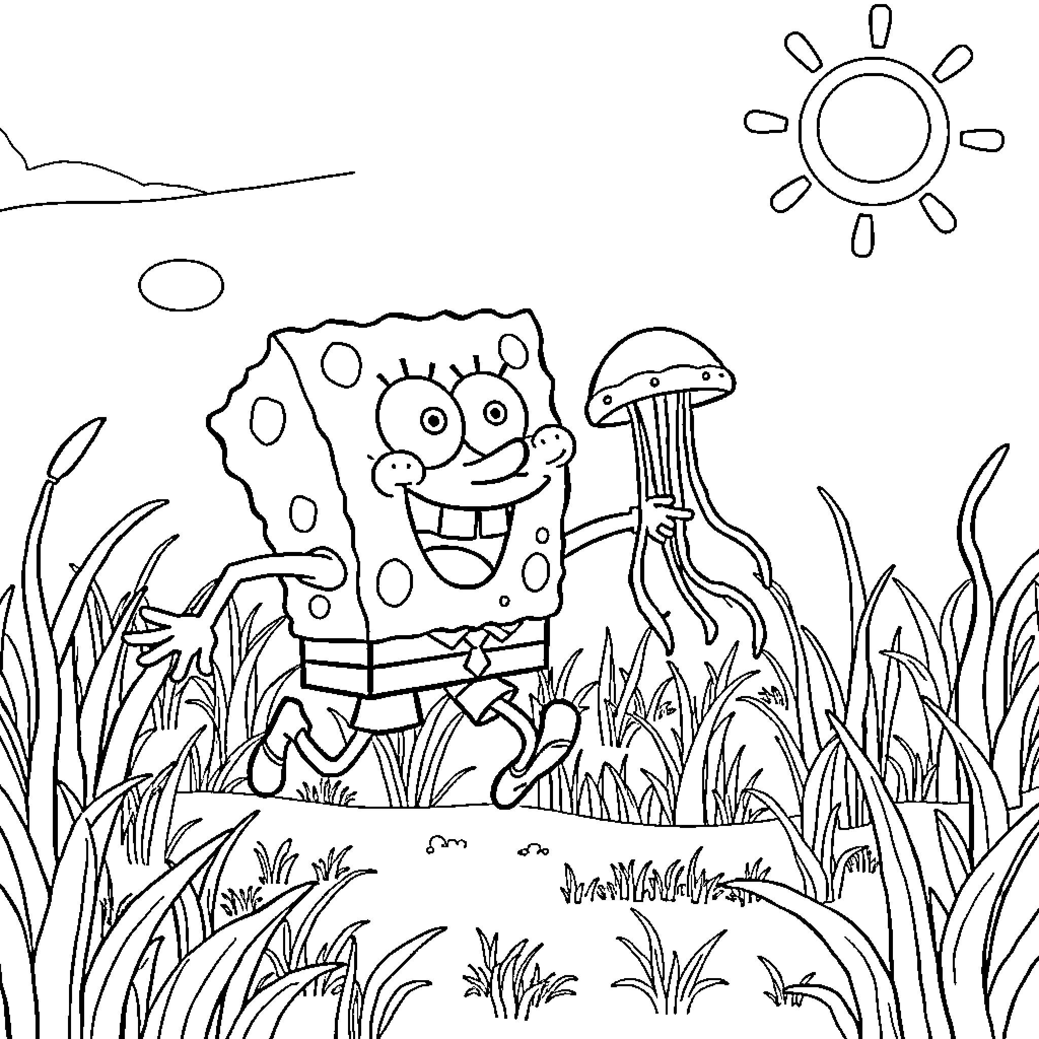 Spongebob's Joyful Undersea Adventure Coloring Page (free black-and-white line drawing printable PDF for all, from beginners to advanced learners, including children, teens, adults, and seniors)