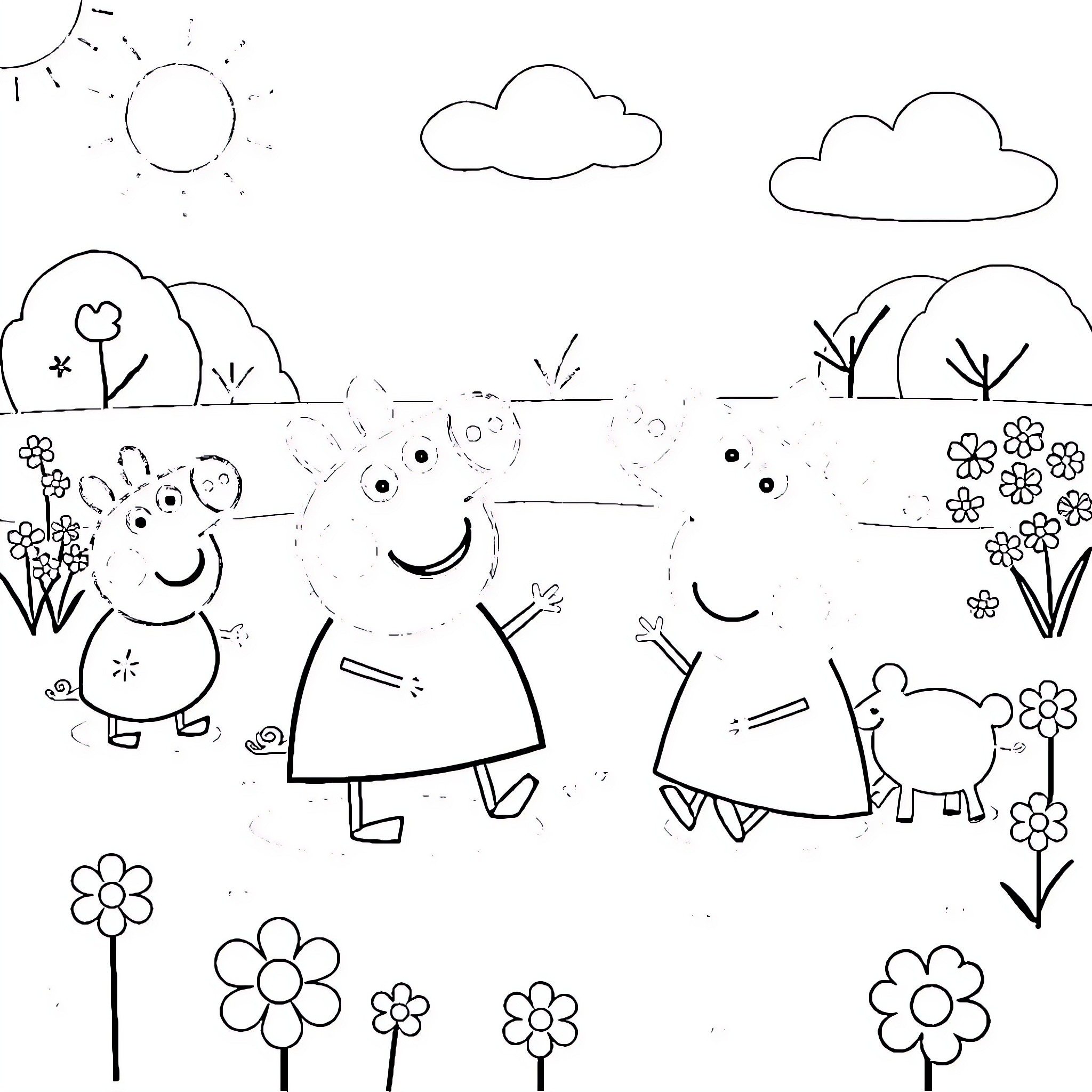 Peppa Pig and friends explore the outdoors Coloring Page (free black-and-white line drawing printable PDF for all, from beginners to advanced learners, including children, teens, adults, and seniors)