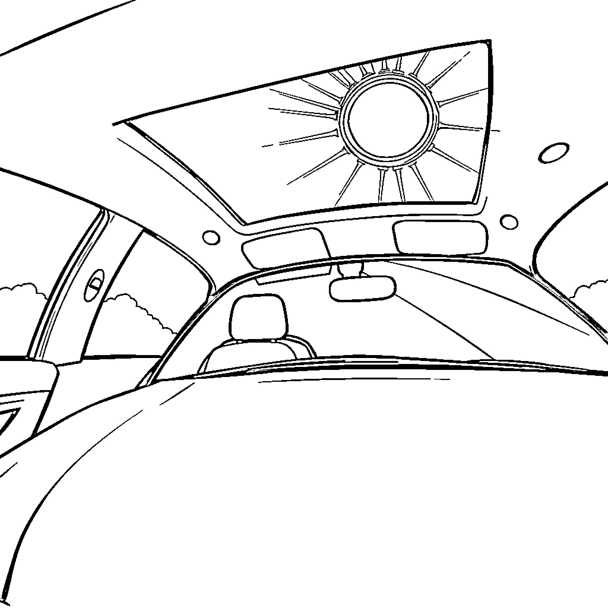 Car driving on a sunny day Coloring Page (free black-and-white line drawing printable PDF for all, from beginners to advanced learners, including children, teens, adults, and seniors)