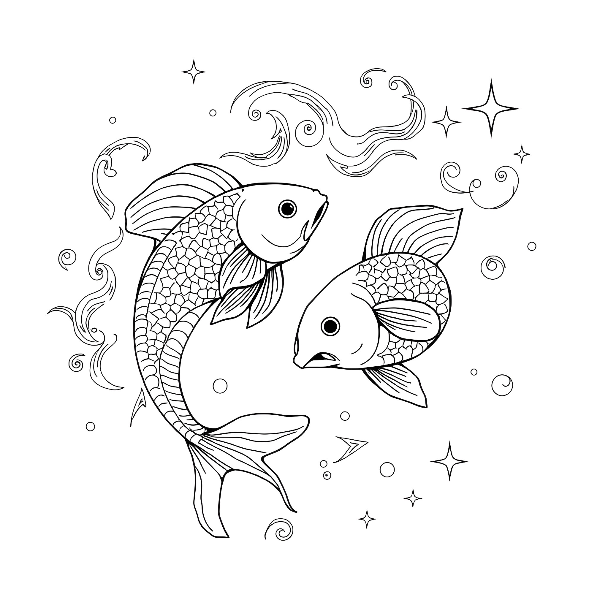 Pisces fish swimming amidst celestial swirls Coloring Page (free black-and-white line drawing printable PDF for all, from beginners to advanced learners, including children, teens, adults, and seniors)