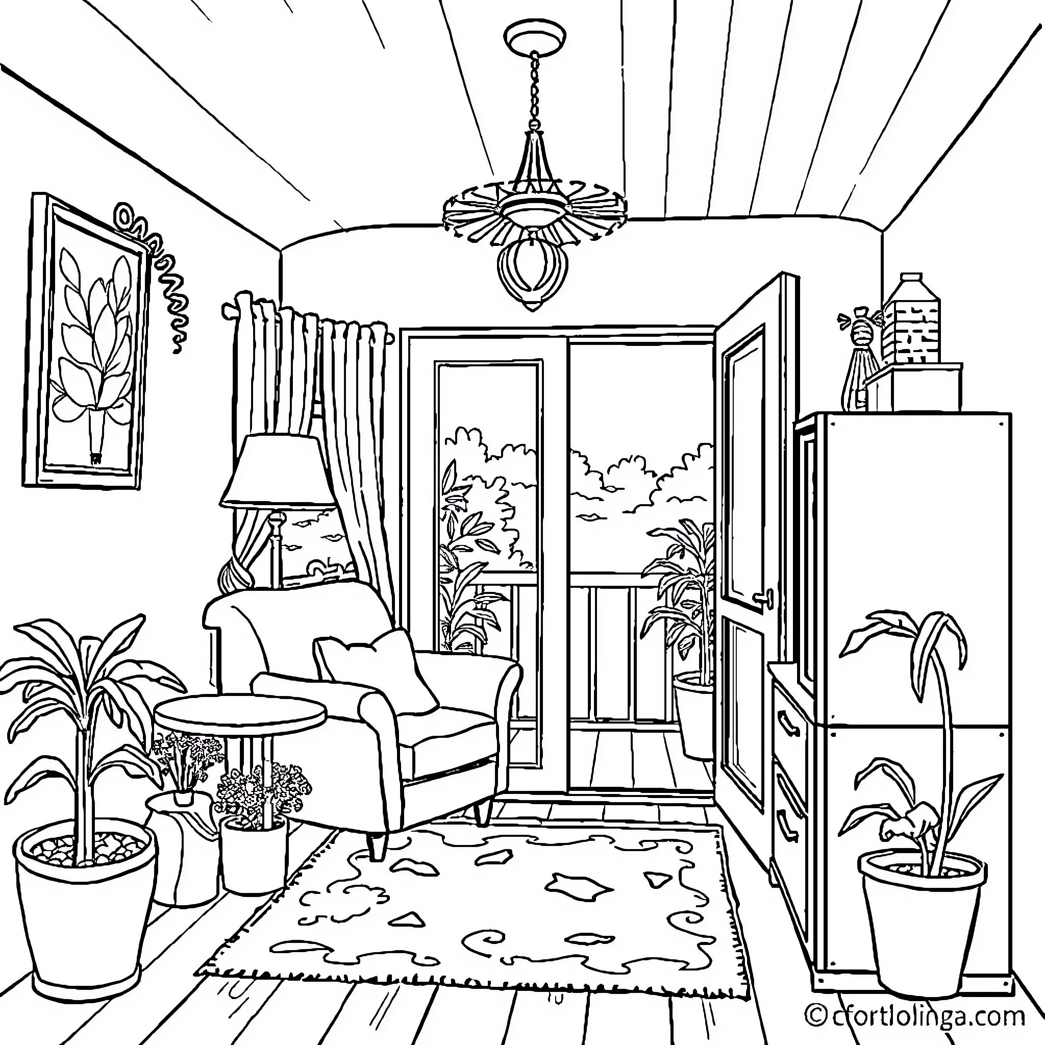 Phone in a cozy indoor scene with nature Coloring Page (free black-and-white line drawing printable PDF for all, from beginners to advanced learners, including children, teens, adults, and seniors)