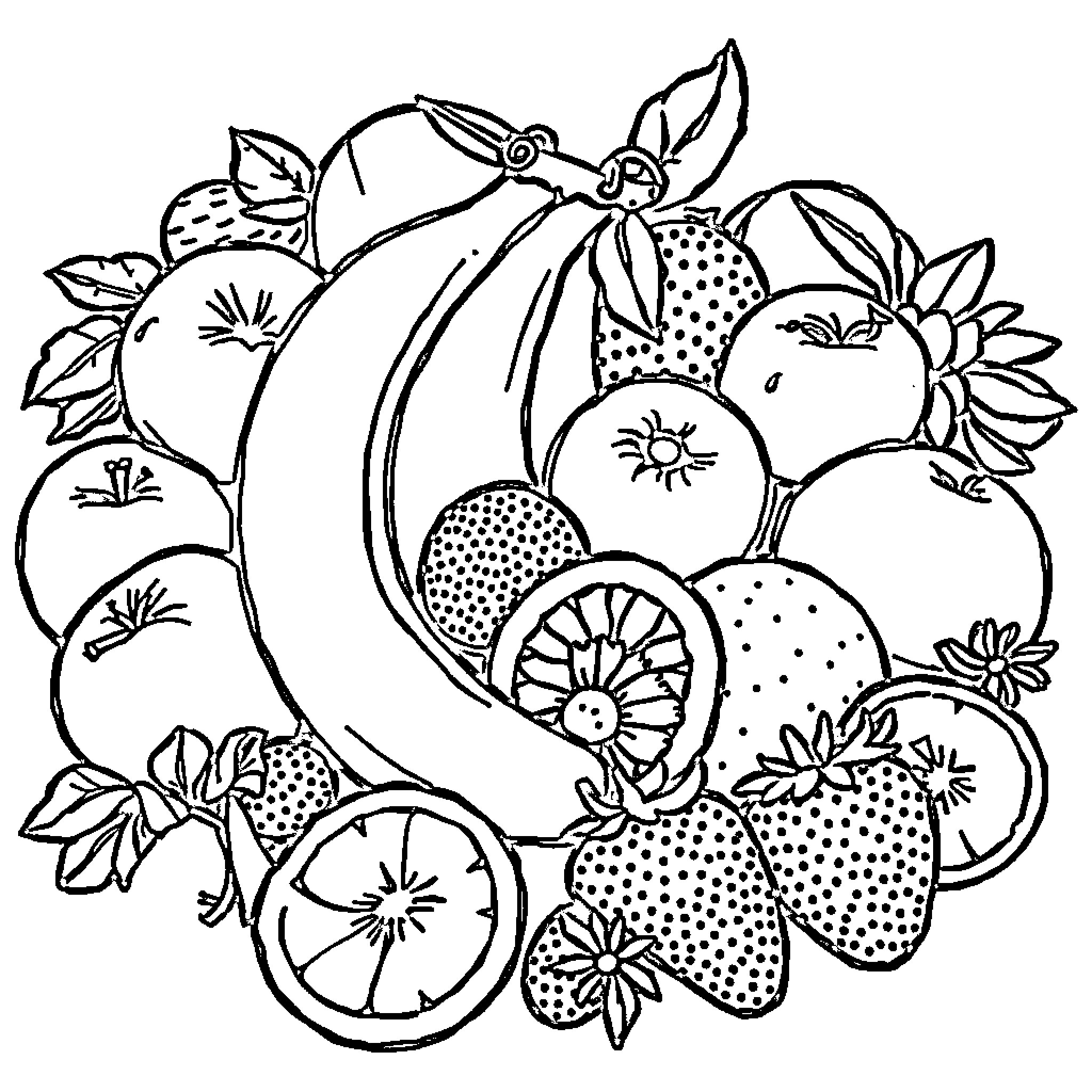 Fruit bouquet with vibrant foliage Coloring Page (free black-and-white line drawing printable PDF for all, from beginners to advanced learners, including children, teens, adults, and seniors)