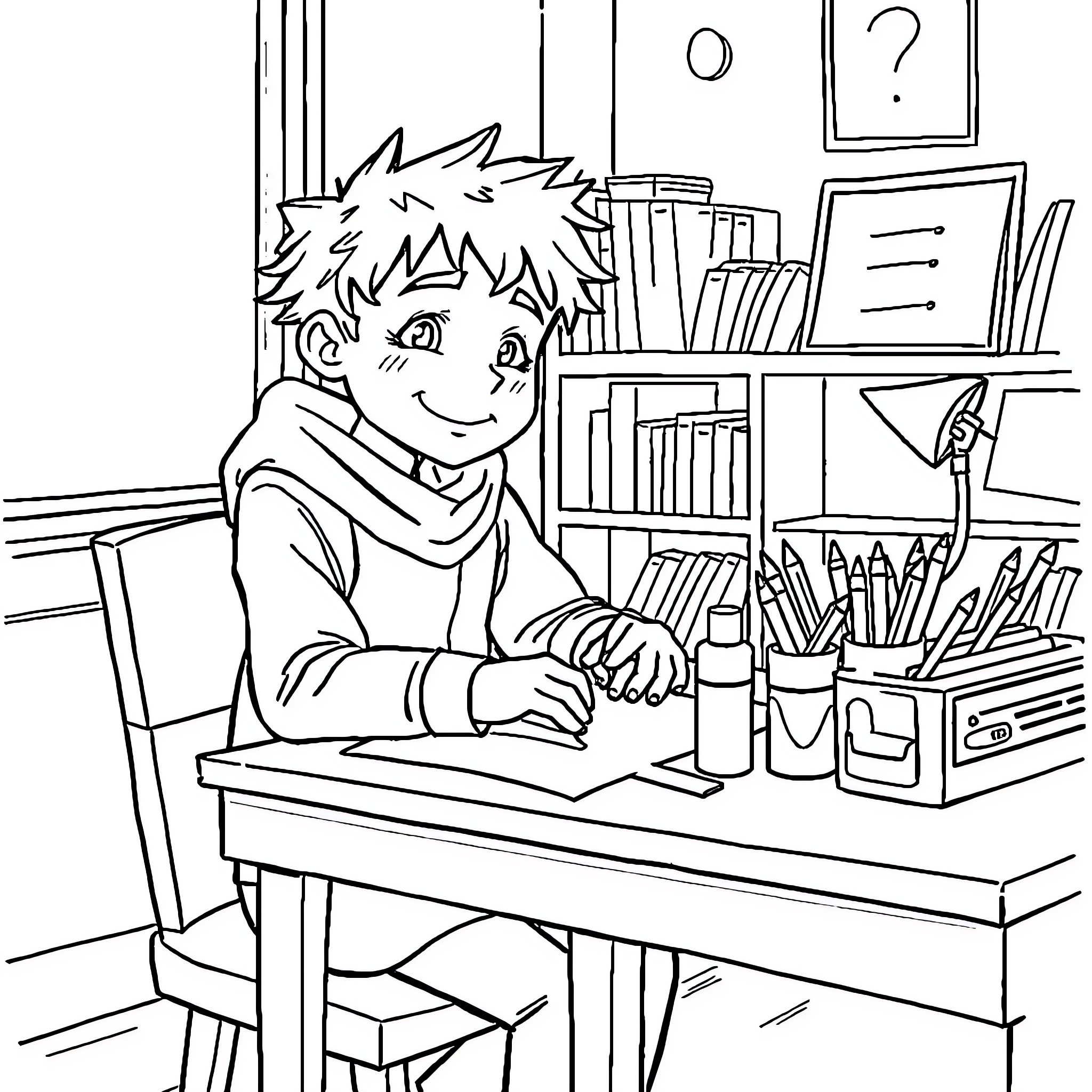 Aloys in his creative study space Coloring Page (free black-and-white line drawing printable PDF for all, from beginners to advanced learners, including children, teens, adults, and seniors)