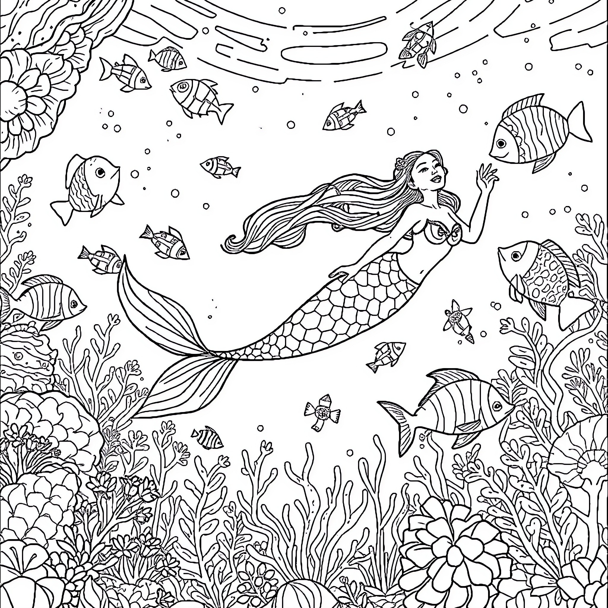 Mermaid swimming among vibrant sea life Coloring Page (free black-and-white line drawing printable PDF for all, from beginners to advanced learners, including children, teens, adults, and seniors)