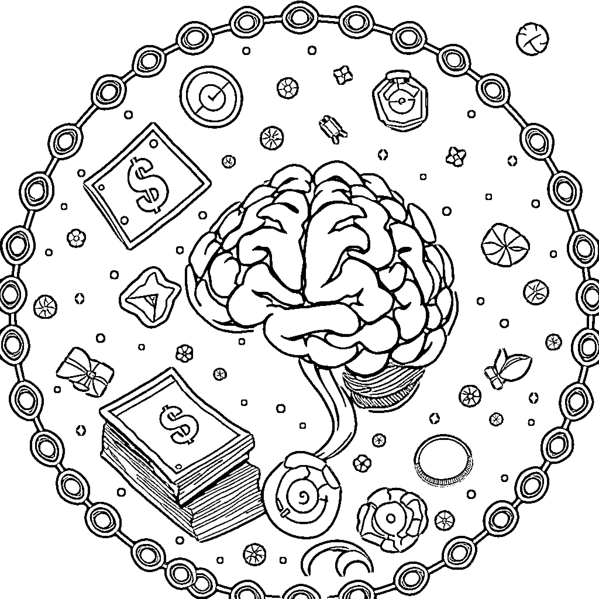 Money and the Workings of the Mind Coloring Page (free black-and-white line drawing printable PDF for all, from beginners to advanced learners, including children, teens, adults, and seniors)