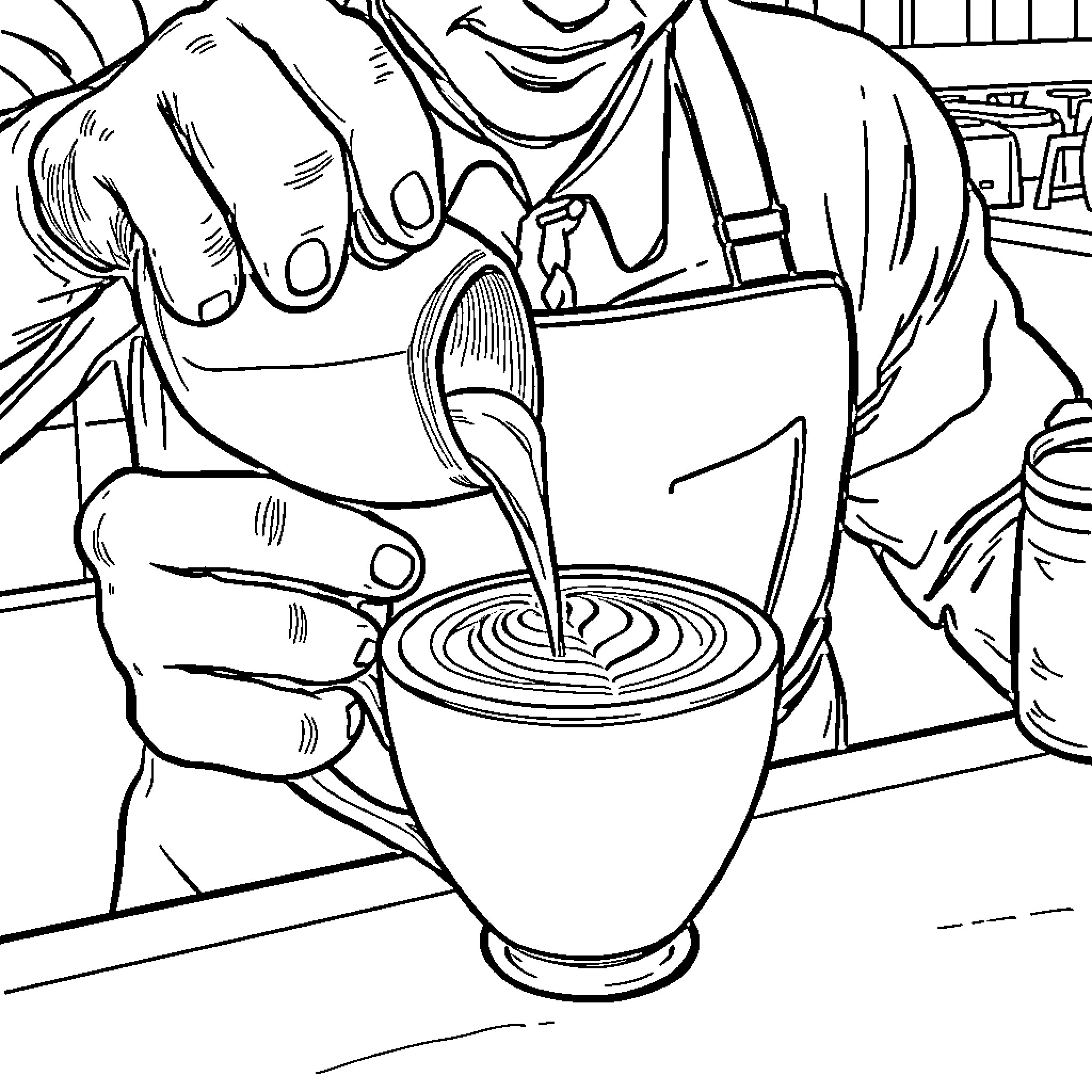 Barista preparing a latte in the cafe Coloring Page (free black-and-white line drawing printable PDF for all, from beginners to advanced learners, including children, teens, adults, and seniors)