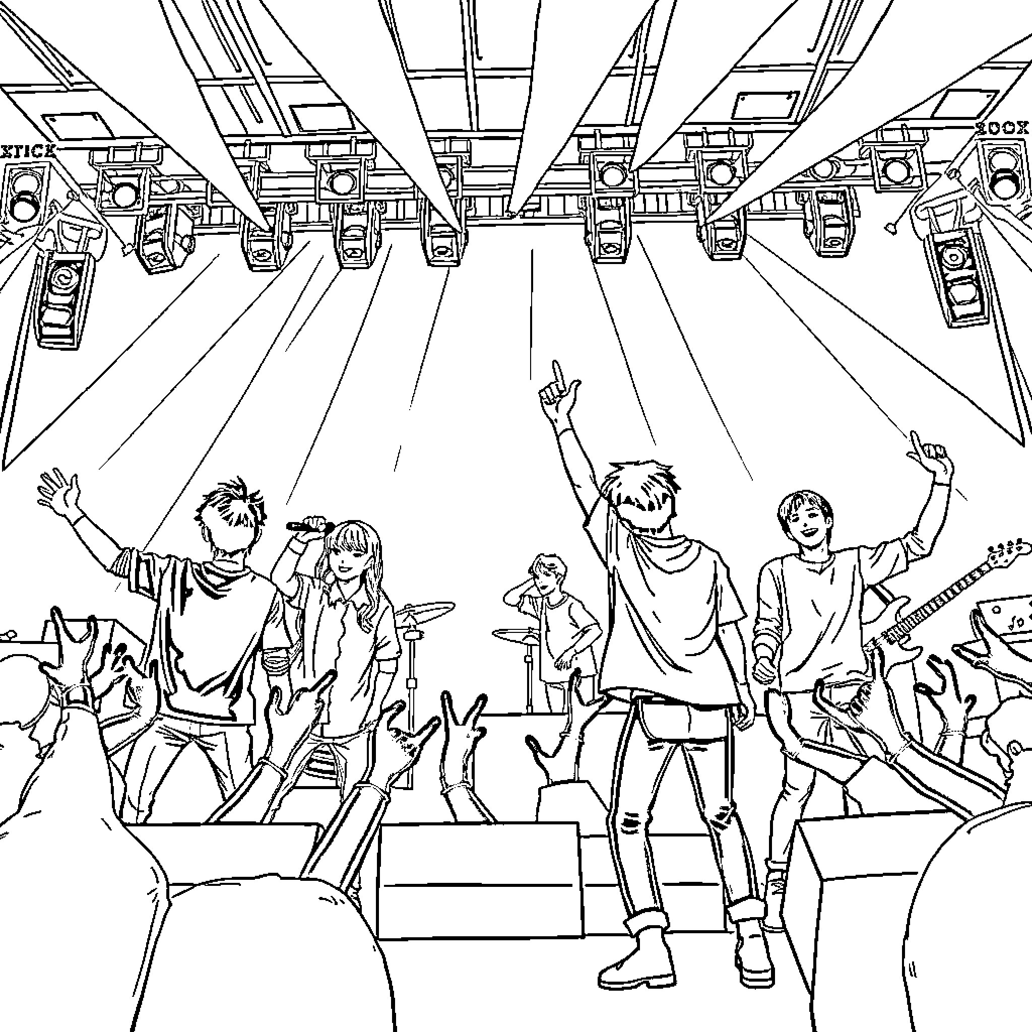 Stray Kids Performing Energetically on Stage Coloring Page (free black-and-white line drawing printable PDF for all, from beginners to advanced learners, including children, teens, adults, and seniors)