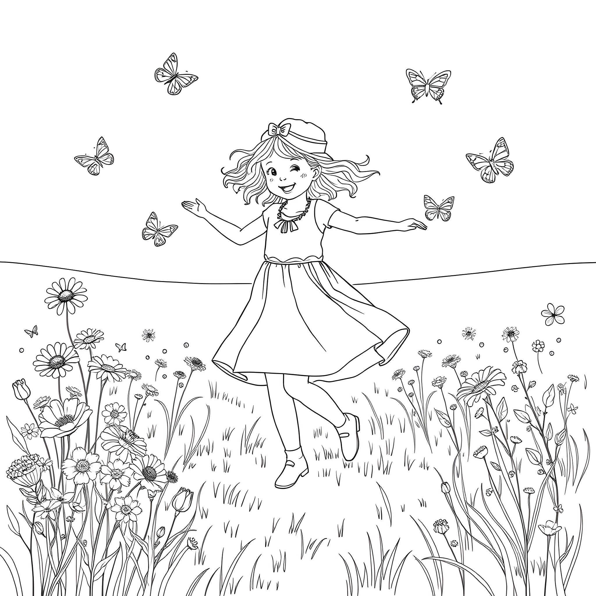 Girl dancing joyfully among butterflies and flowers Coloring Page (free black-and-white line drawing printable PDF for all, from beginners to advanced learners, including children, teens, adults, and seniors)