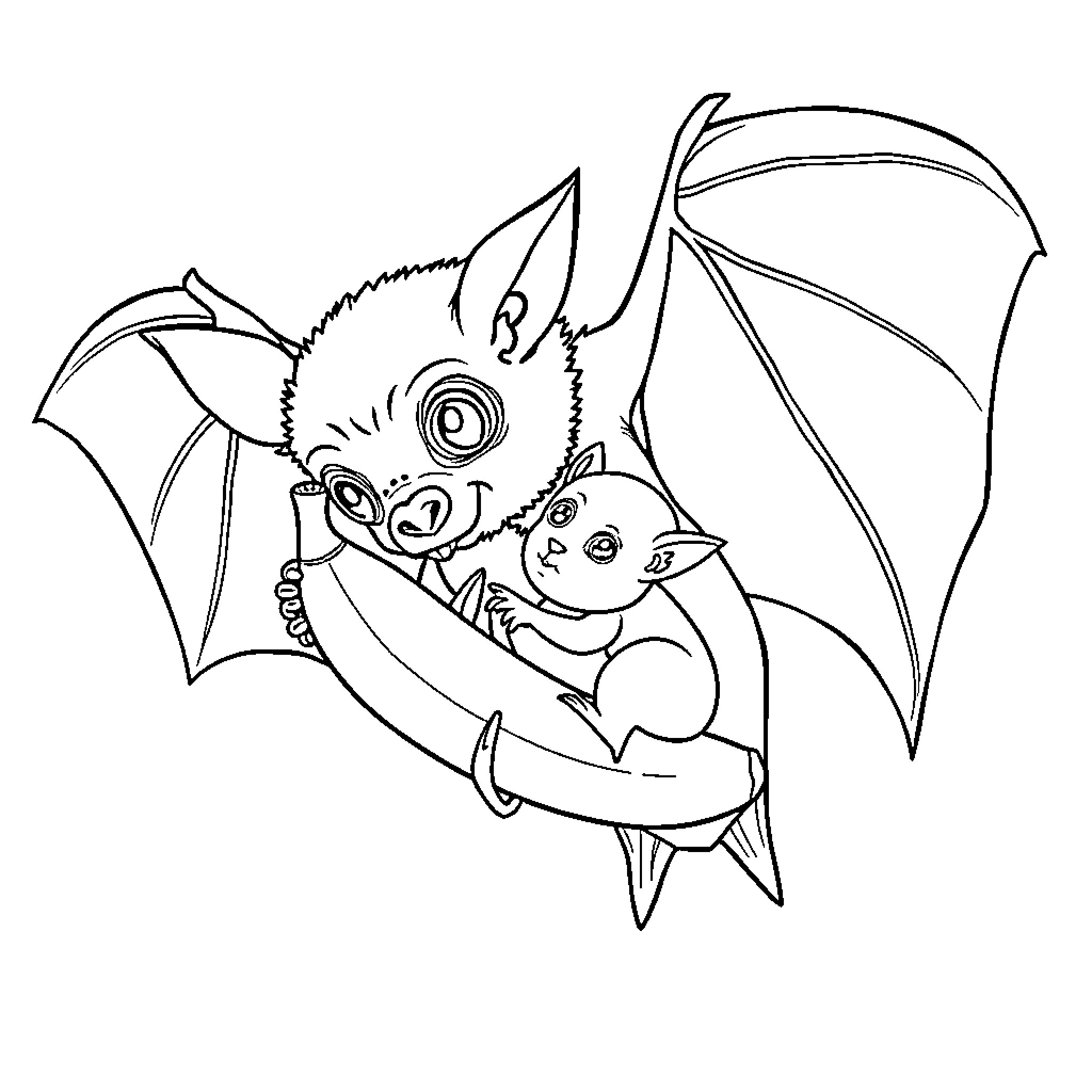 Bat parents caring for their baby Coloring Page (free black-and-white line drawing printable PDF for all, from beginners to advanced learners, including children, teens, adults, and seniors)