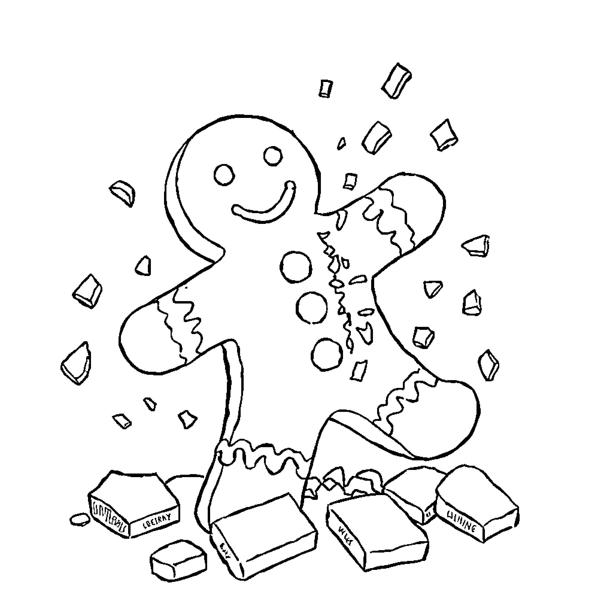 Gingerbread Man playing with candy shapes and decorations Coloring Page (free black-and-white line drawing printable PDF for all, from beginners to advanced learners, including children, teens, adults, and seniors)