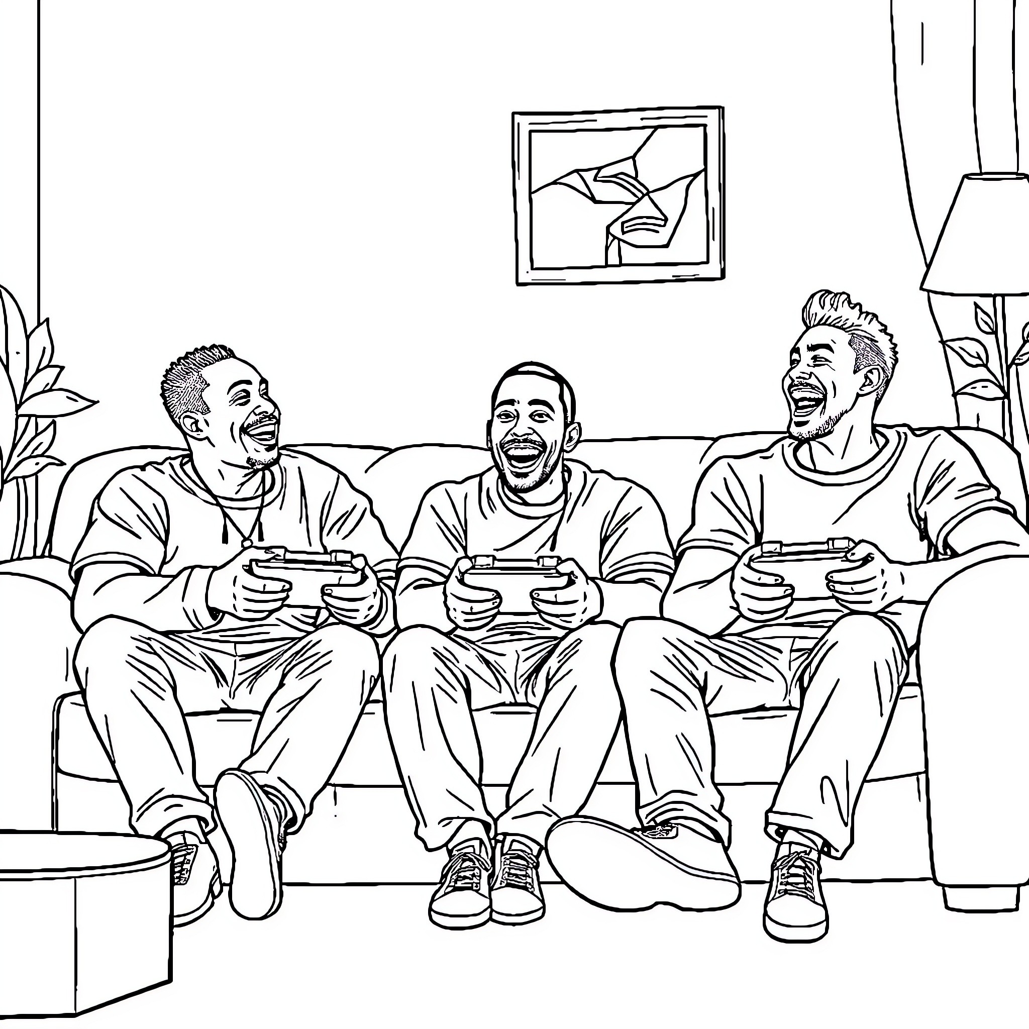 Men playing video games and laughing together Coloring Page (free black-and-white line drawing printable PDF for all, from beginners to advanced learners, including children, teens, adults, and seniors)