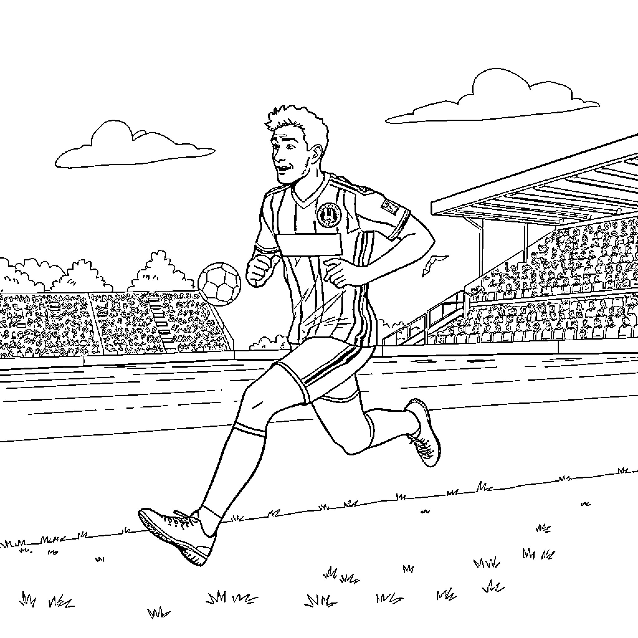Futbol player running on the field Coloring Page (free black-and-white line drawing printable PDF for all, from beginners to advanced learners, including children, teens, adults, and seniors)
