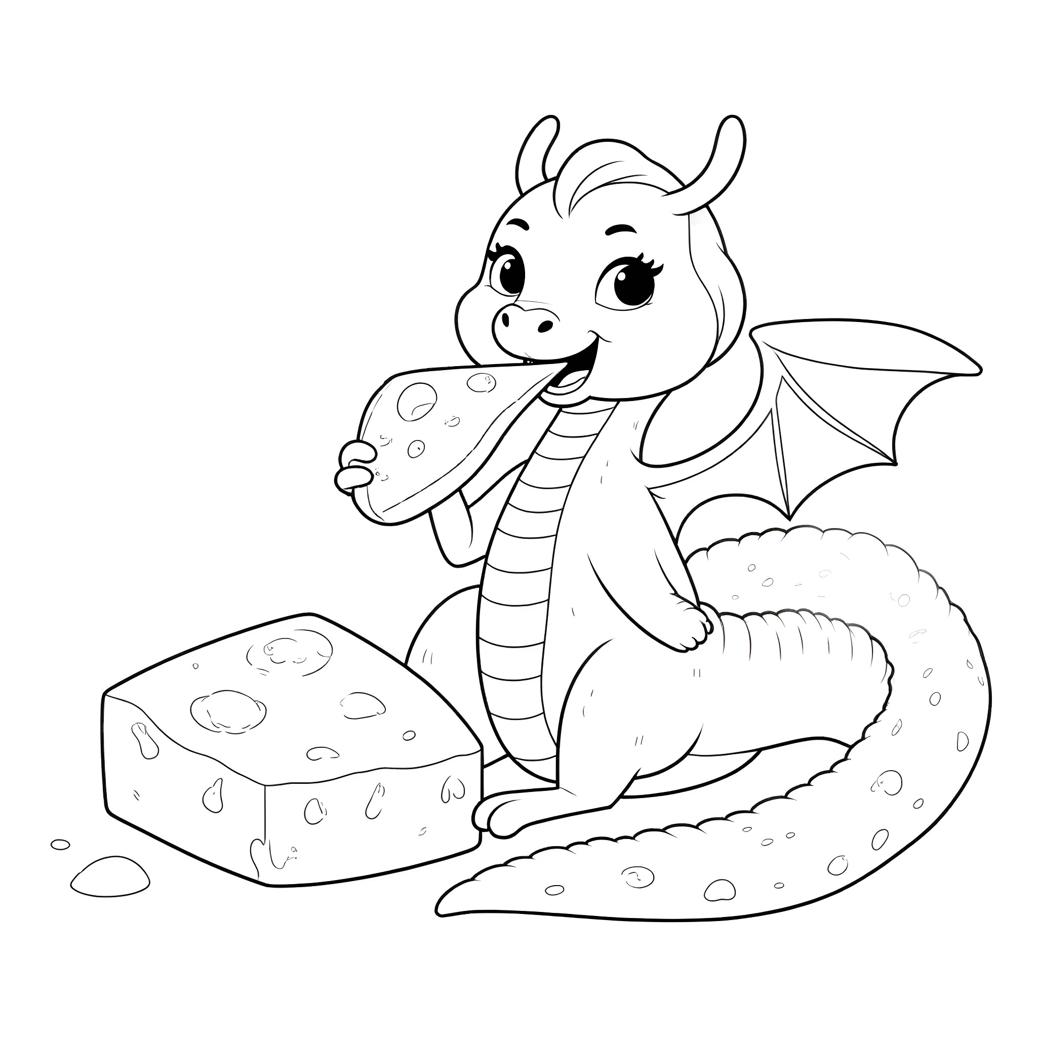 Dragon enjoying a cheesy snack in a cozy setting Coloring Page (free black-and-white line drawing printable PDF for all, from beginners to advanced learners, including children, teens, adults, and seniors)