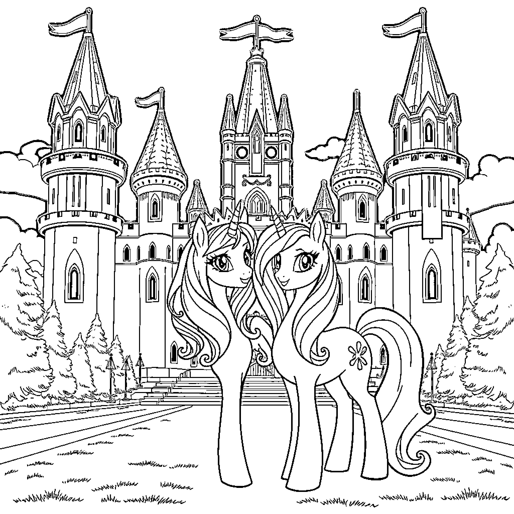Princess's Magical Castle with Enchanting Creatures Coloring Page (free black-and-white line drawing printable PDF for all, from beginners to advanced learners, including children, teens, adults, and seniors)
