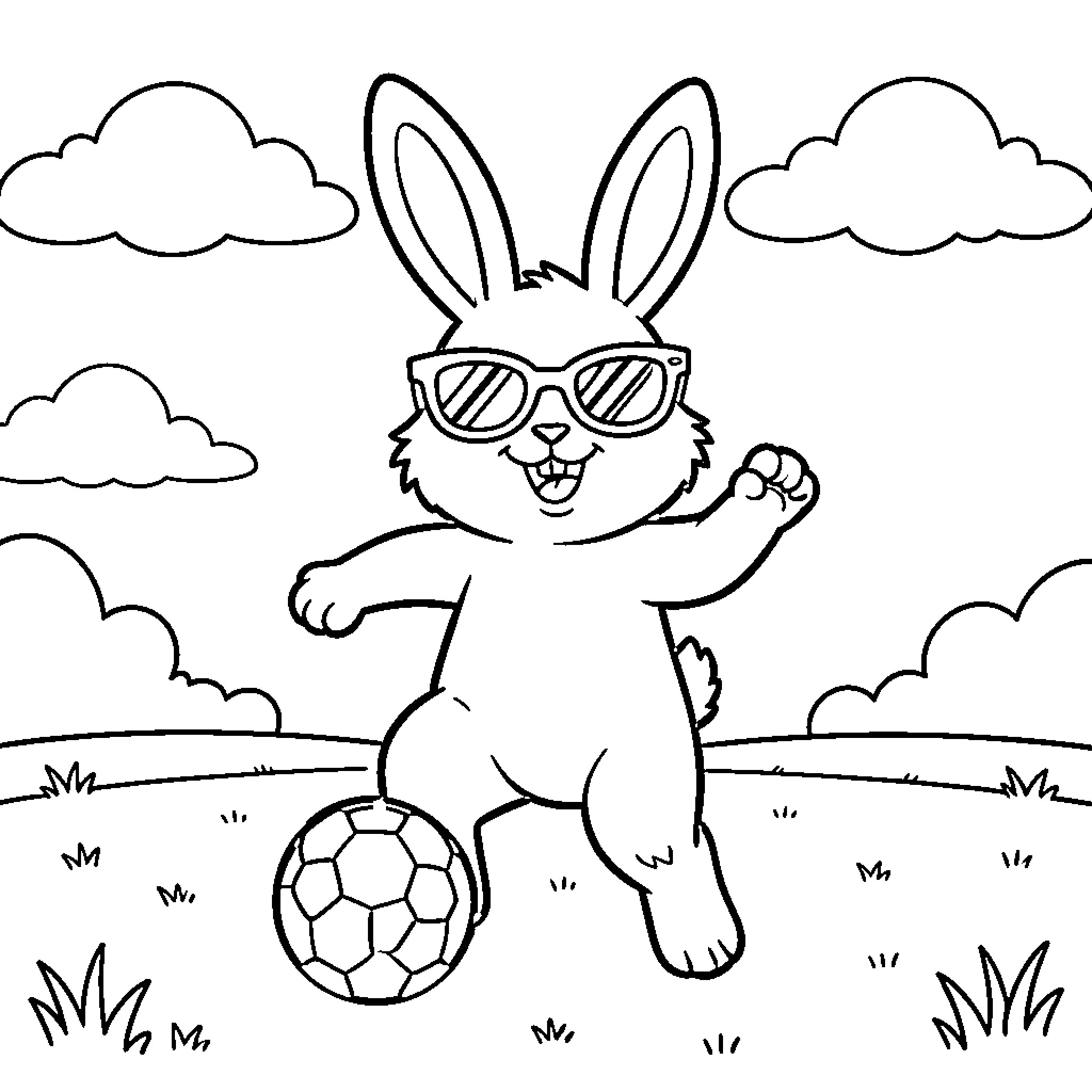 Easter Bunny playing with soccer ball in a field Coloring Page (free black-and-white line drawing printable PDF for all, from beginners to advanced learners, including children, teens, adults, and seniors)