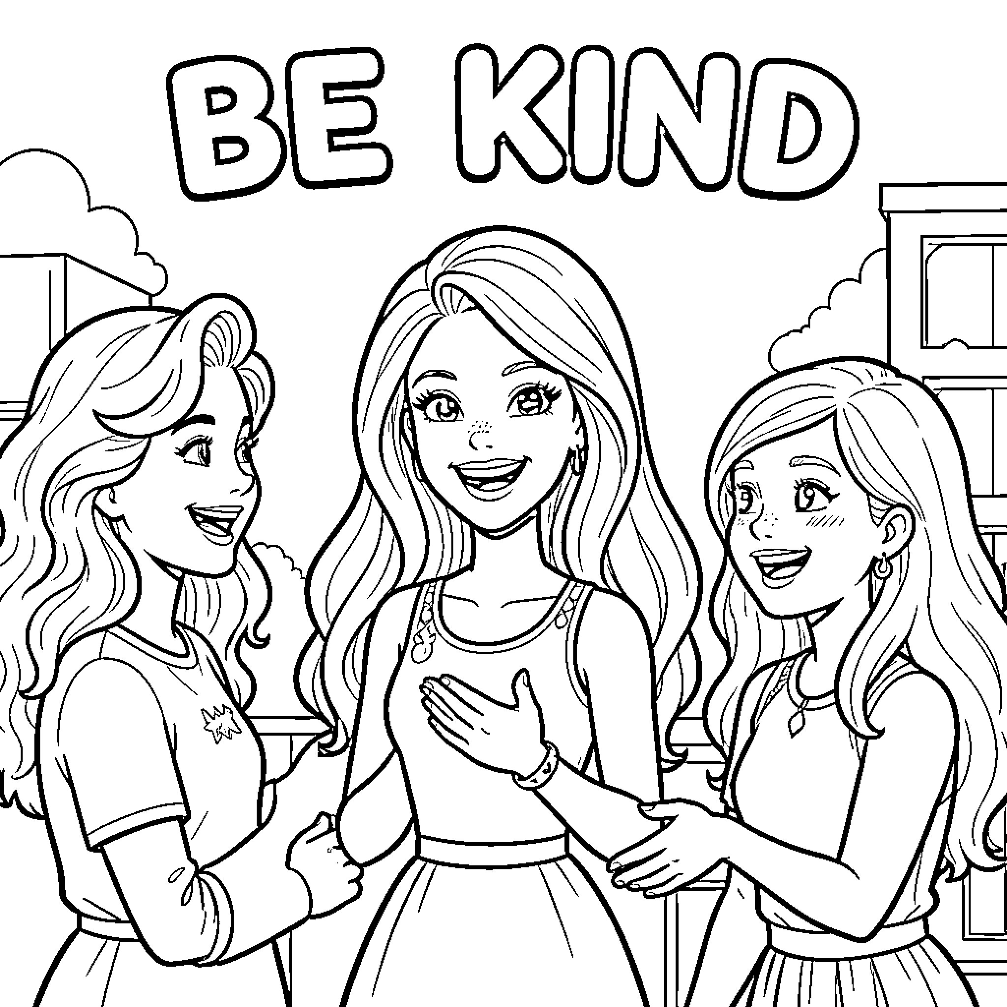 Barbie and friends encouraging kindness Coloring Page (free black-and-white line drawing printable PDF for all, from beginners to advanced learners, including children, teens, adults, and seniors)