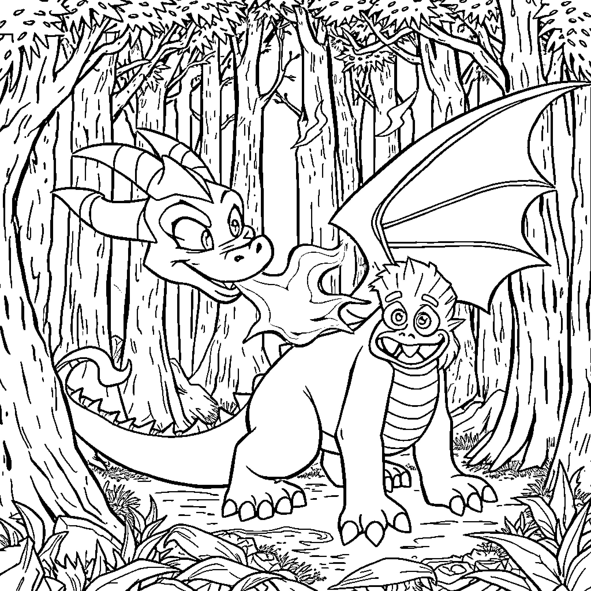 Spyro the Dragon and Sparx the Dragonfly in the Forest Coloring Page (free black-and-white line drawing printable PDF for all, from beginners to advanced learners, including children, teens, adults, and seniors)