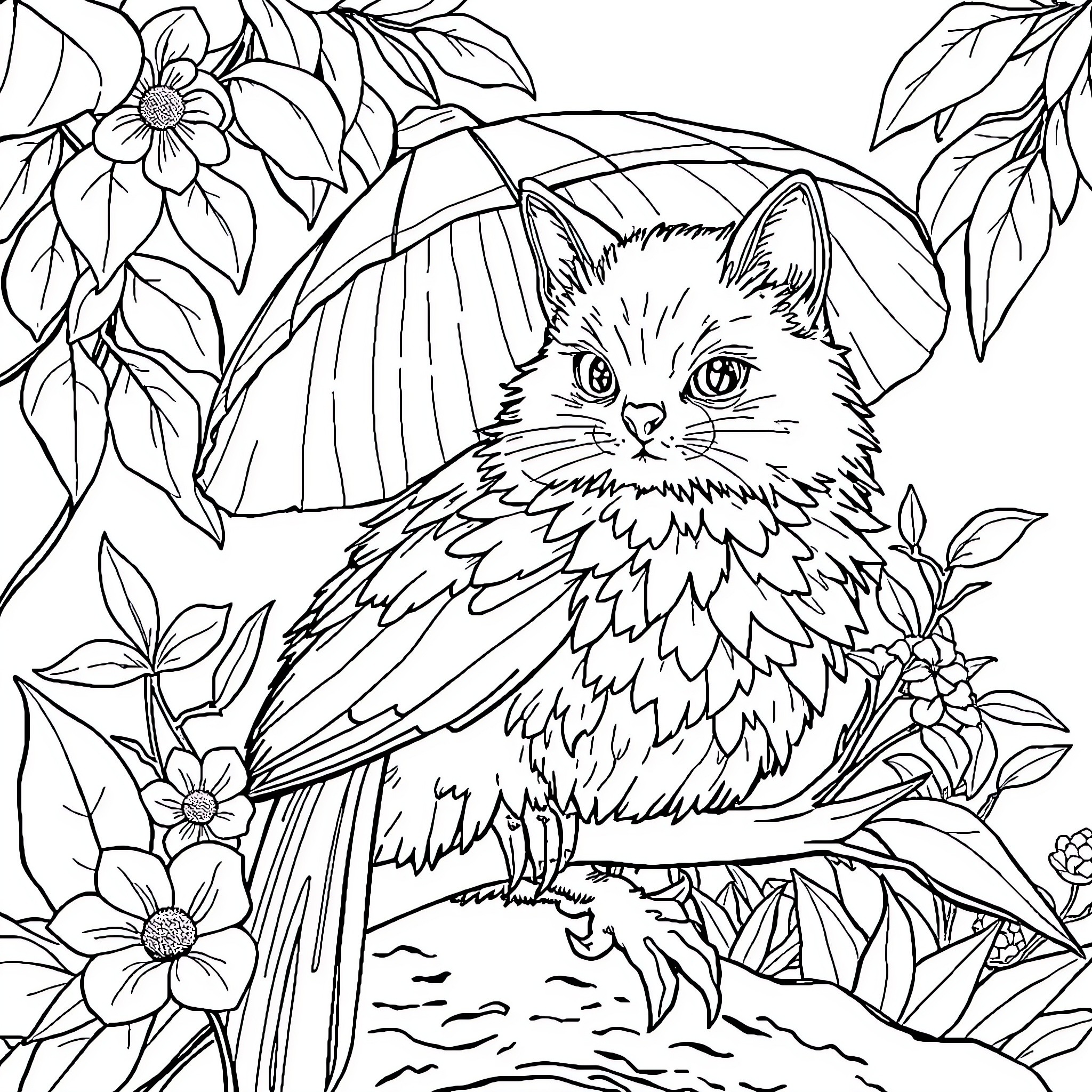 Cat in Flowery Nature Scene Coloring Page (free black-and-white line drawing printable PDF for all, from beginners to advanced learners, including children, teens, adults, and seniors)