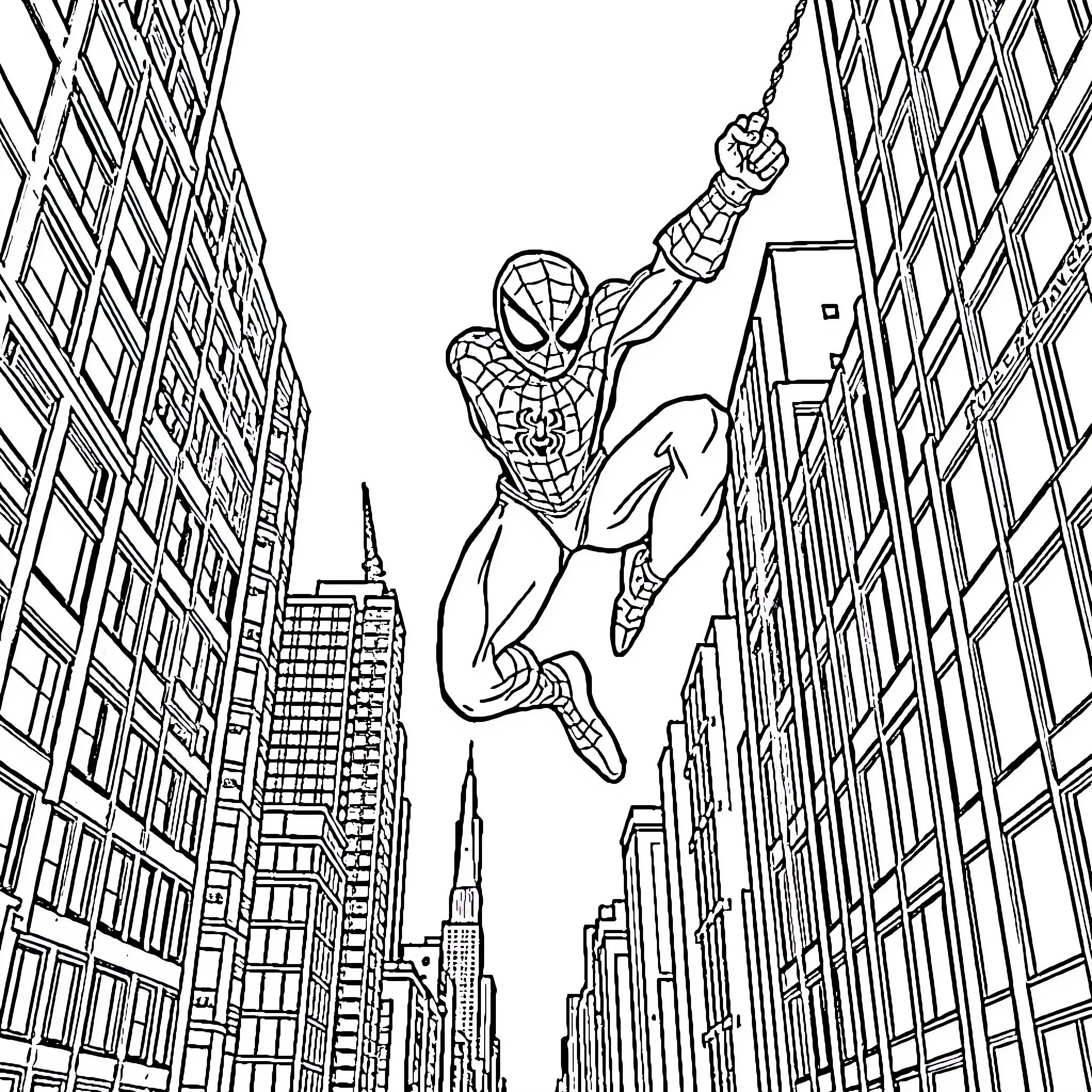 Spiderman swinging through the city skyline Coloring Page (free black-and-white line drawing printable PDF for all, from beginners to advanced learners, including children, teens, adults, and seniors)