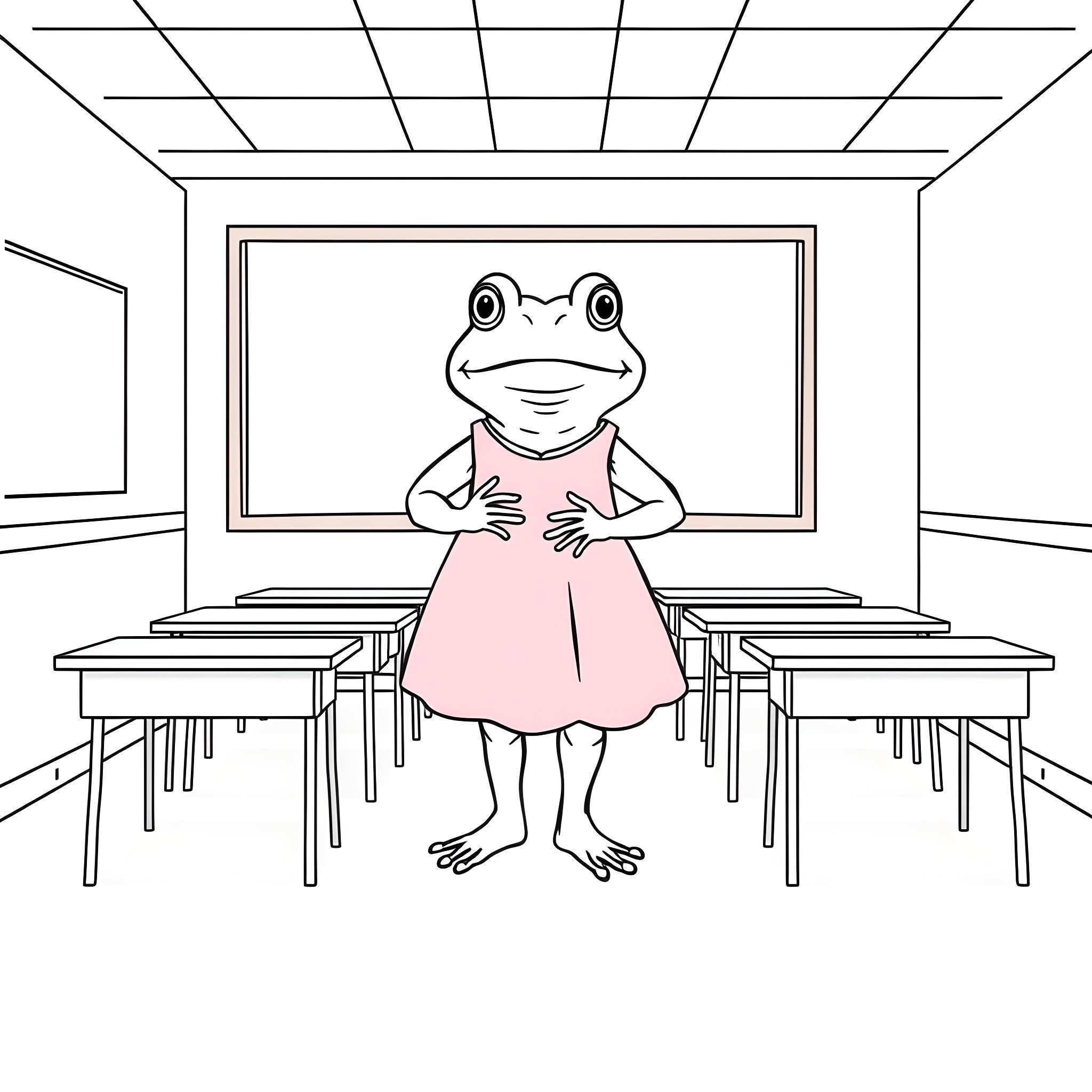 Frog Stands Proudly in Classroom Coloring Page (free black-and-white line drawing printable PDF for all, from beginners to advanced learners, including children, teens, adults, and seniors)