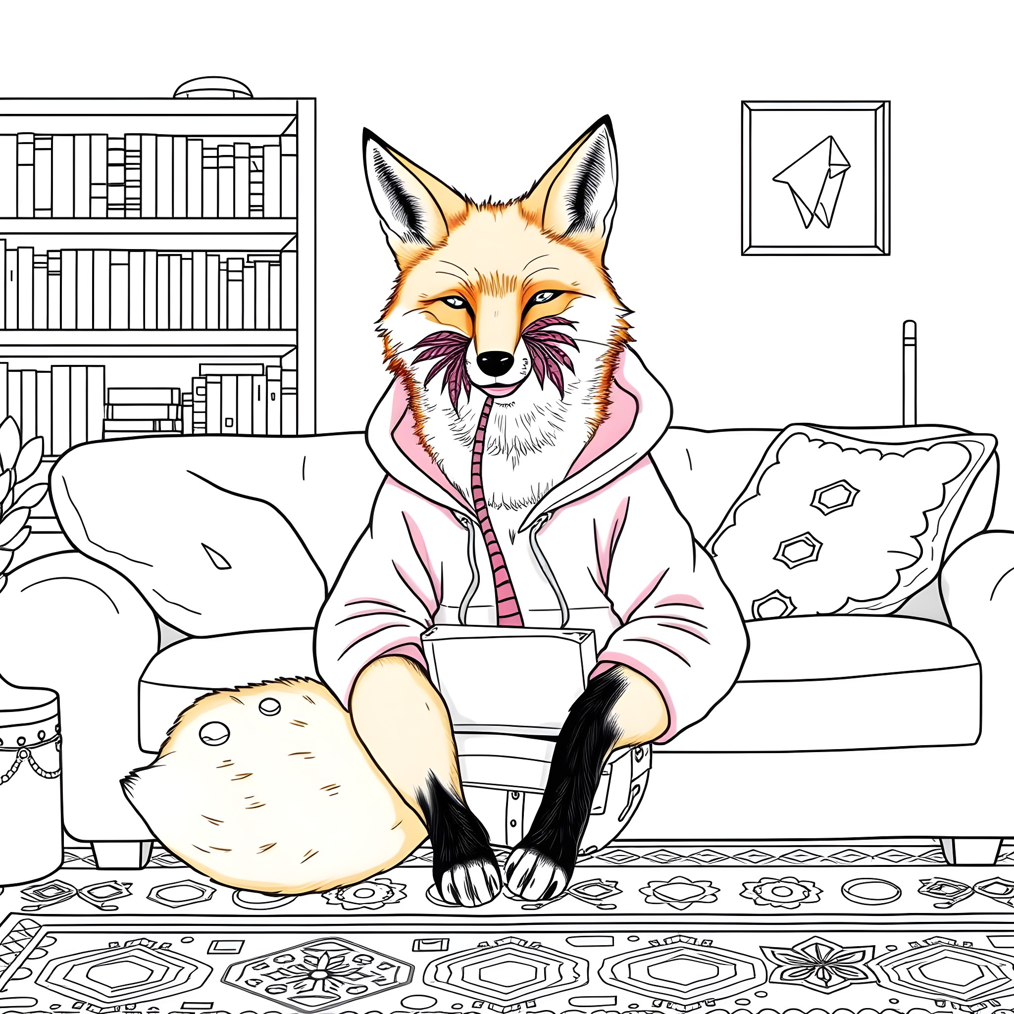 Fox enjoying a cozy day at home Coloring Page (free black-and-white line drawing printable PDF for all, from beginners to advanced learners, including children, teens, adults, and seniors)