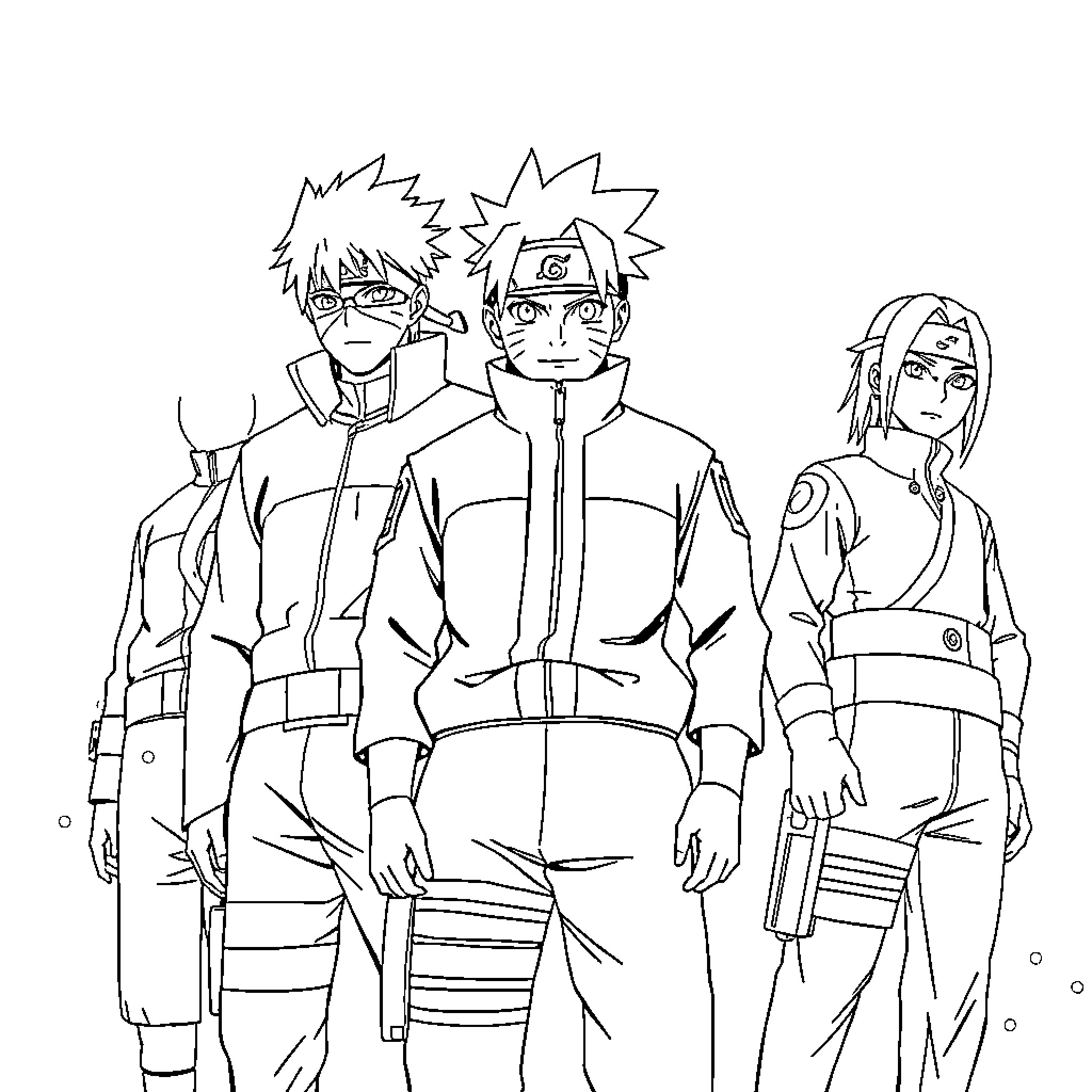 Kakashi and fellow ninja team in uniform Coloring Page (free black-and-white line drawing printable PDF for all, from beginners to advanced learners, including children, teens, adults, and seniors)