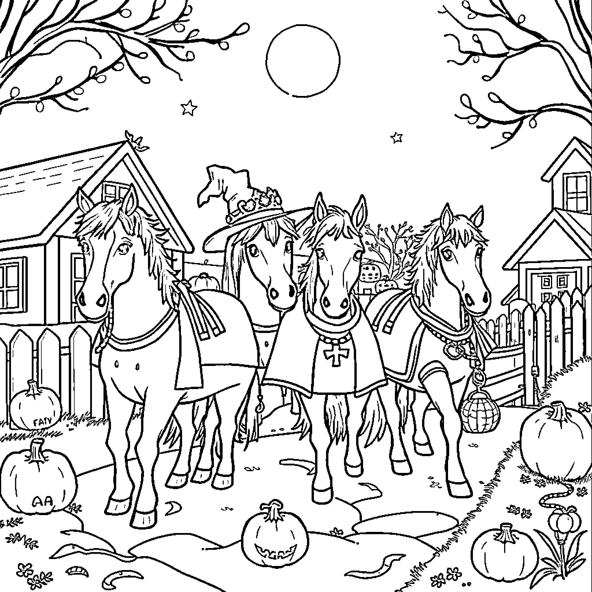 Horse carriage in a fall scene with pumpkins Coloring Page (free black-and-white line drawing printable PDF for all, from beginners to advanced learners, including children, teens, adults, and seniors)