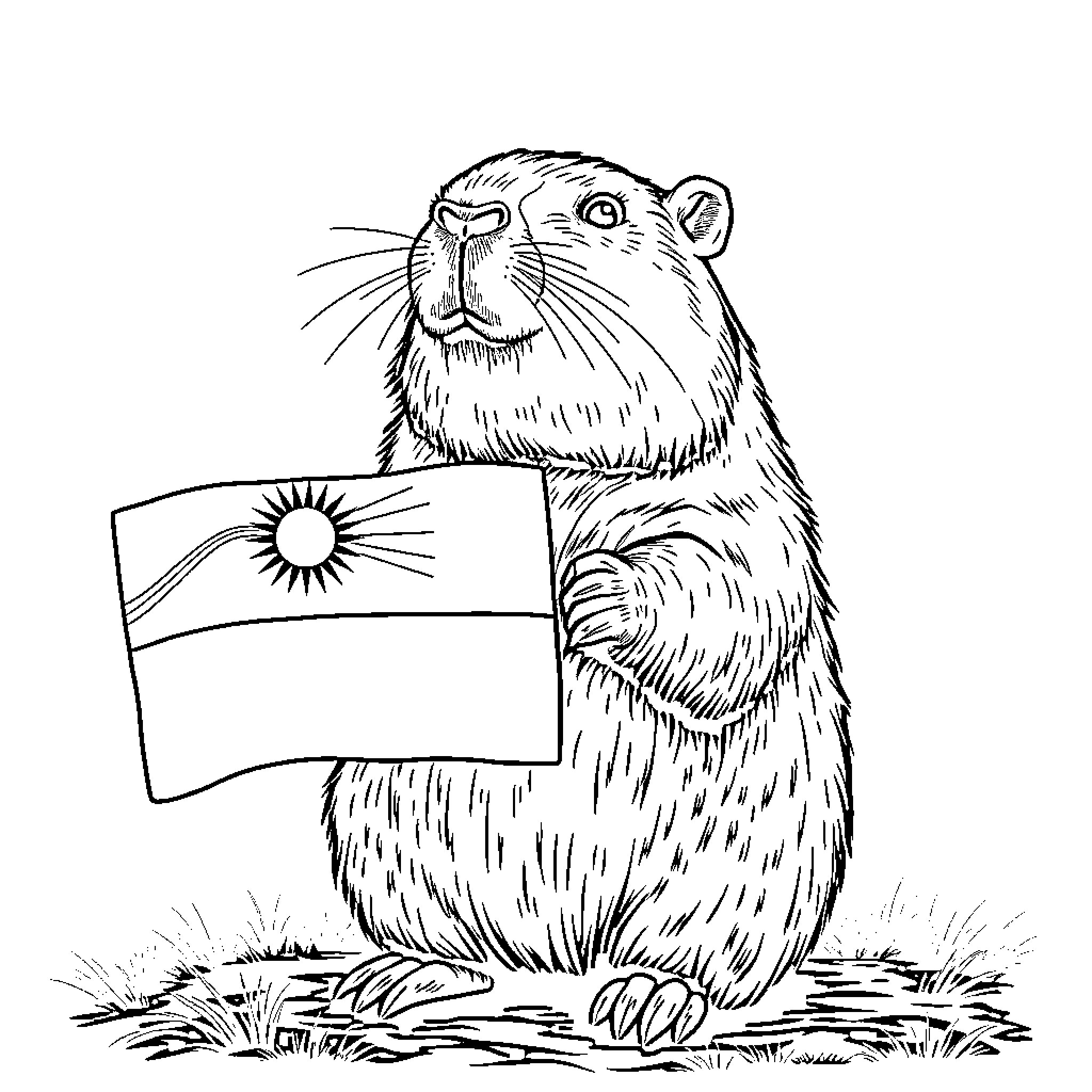 Capybara holding national flag with enthusiasm Coloring Page (free black-and-white line drawing printable PDF for all, from beginners to advanced learners, including children, teens, adults, and seniors)