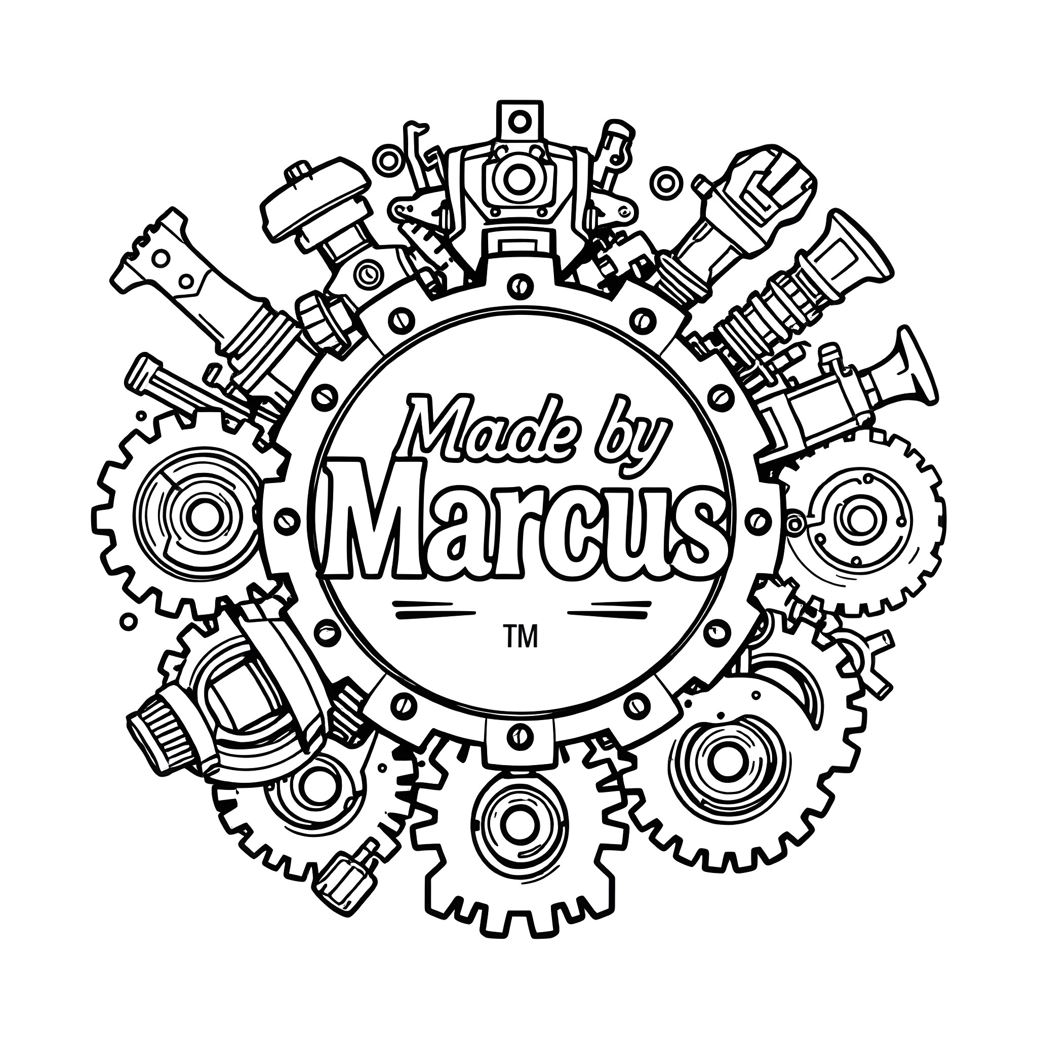 Made by Marcus: Mechanical Masterpieces Coloring Page (free black-and-white line drawing printable PDF for all, from beginners to advanced learners, including children, teens, adults, and seniors)
