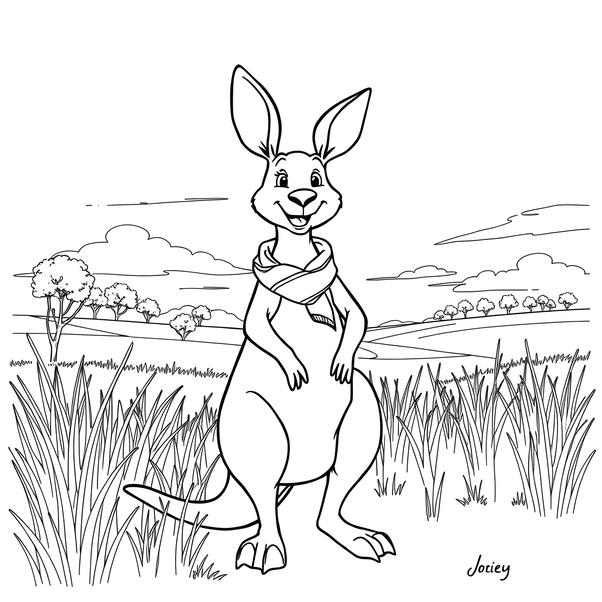 Kangaroo happily standing in the meadow Coloring Page (free black-and-white line drawing printable PDF for all, from beginners to advanced learners, including children, teens, adults, and seniors)