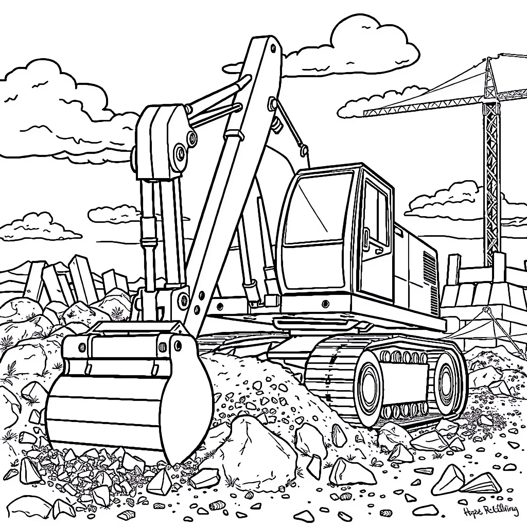 Excavator working at a construction site Coloring Page (free black-and-white line drawing printable PDF for all, from beginners to advanced learners, including children, teens, adults, and seniors)