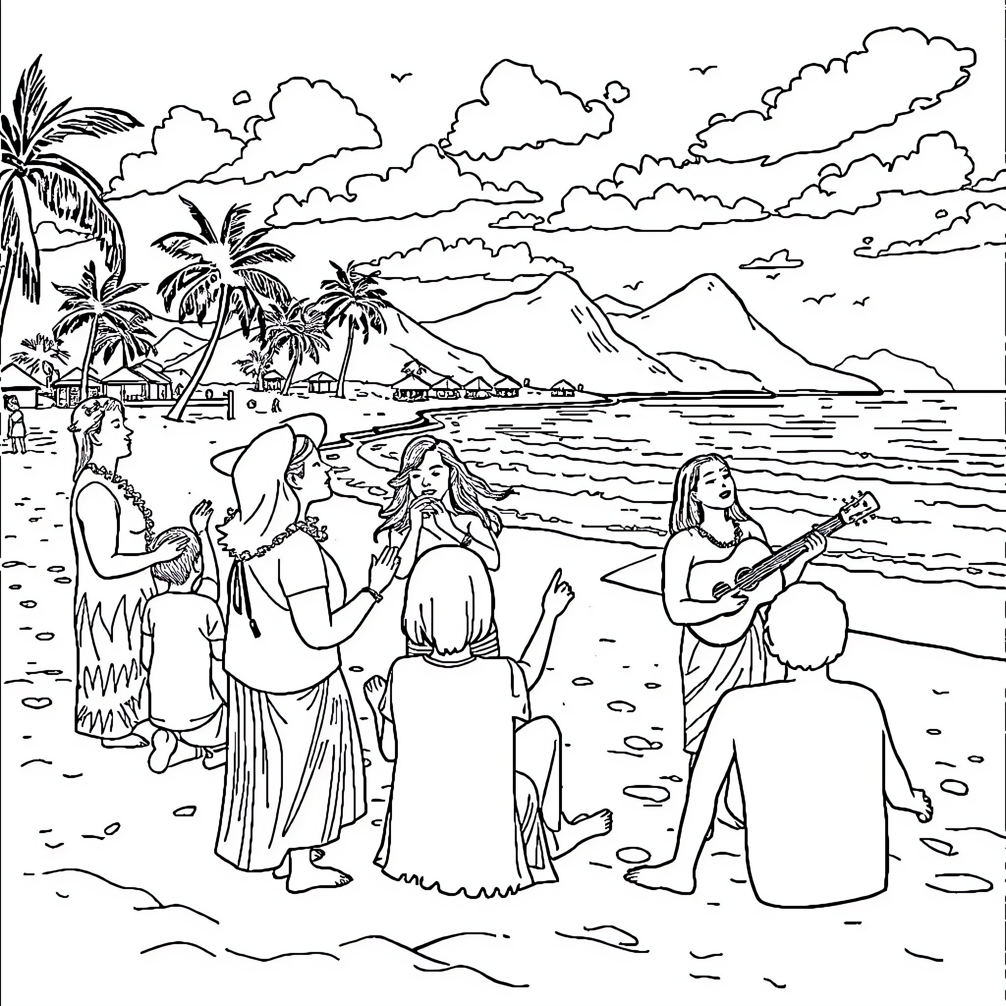 Playas: Beachgoers enjoying music and relaxation Coloring Page (free black-and-white line drawing printable PDF for all, from beginners to advanced learners, including children, teens, adults, and seniors)