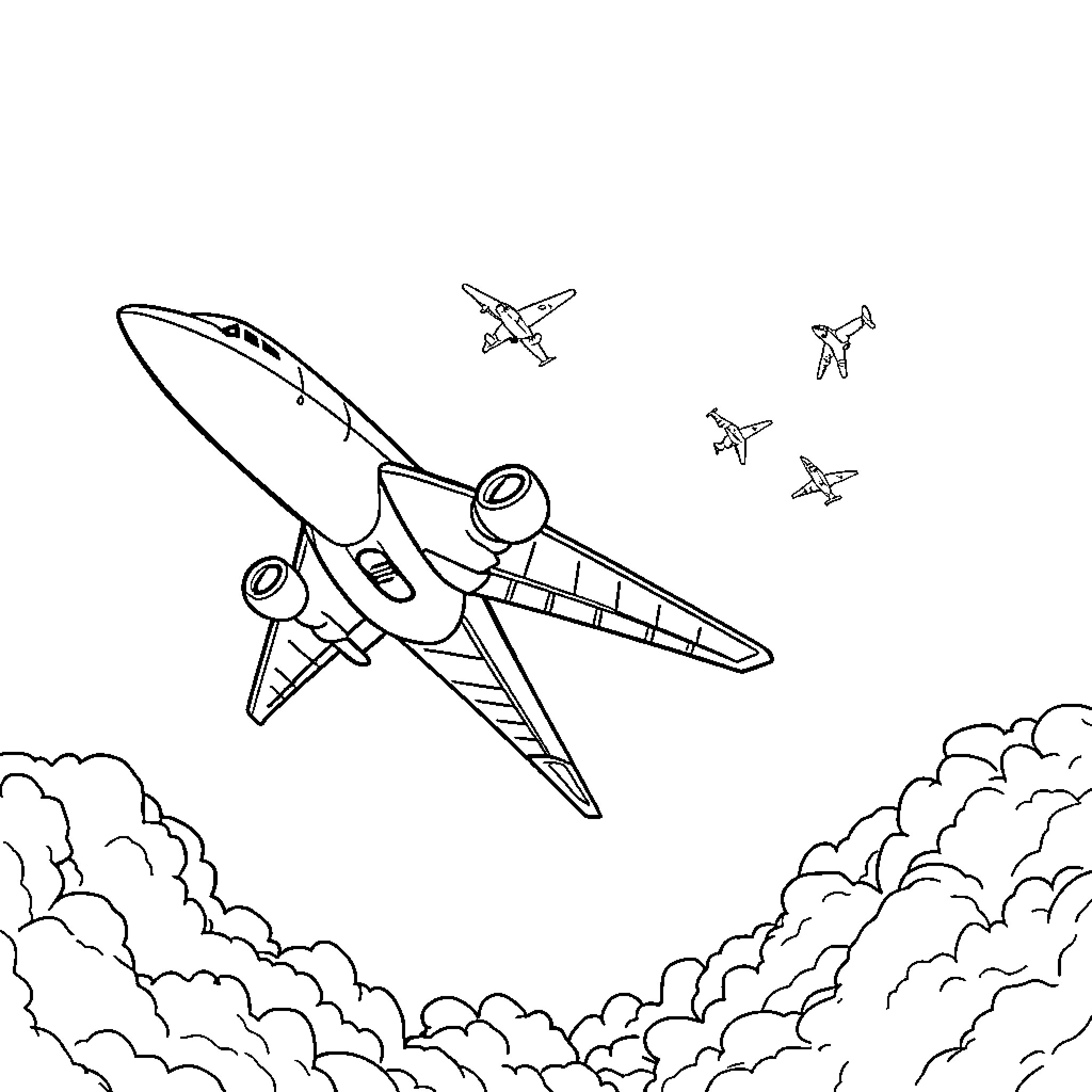 Airplane soaring through clouds with smaller planes Coloring Page (free black-and-white line drawing printable PDF for all, from beginners to advanced learners, including children, teens, adults, and seniors)