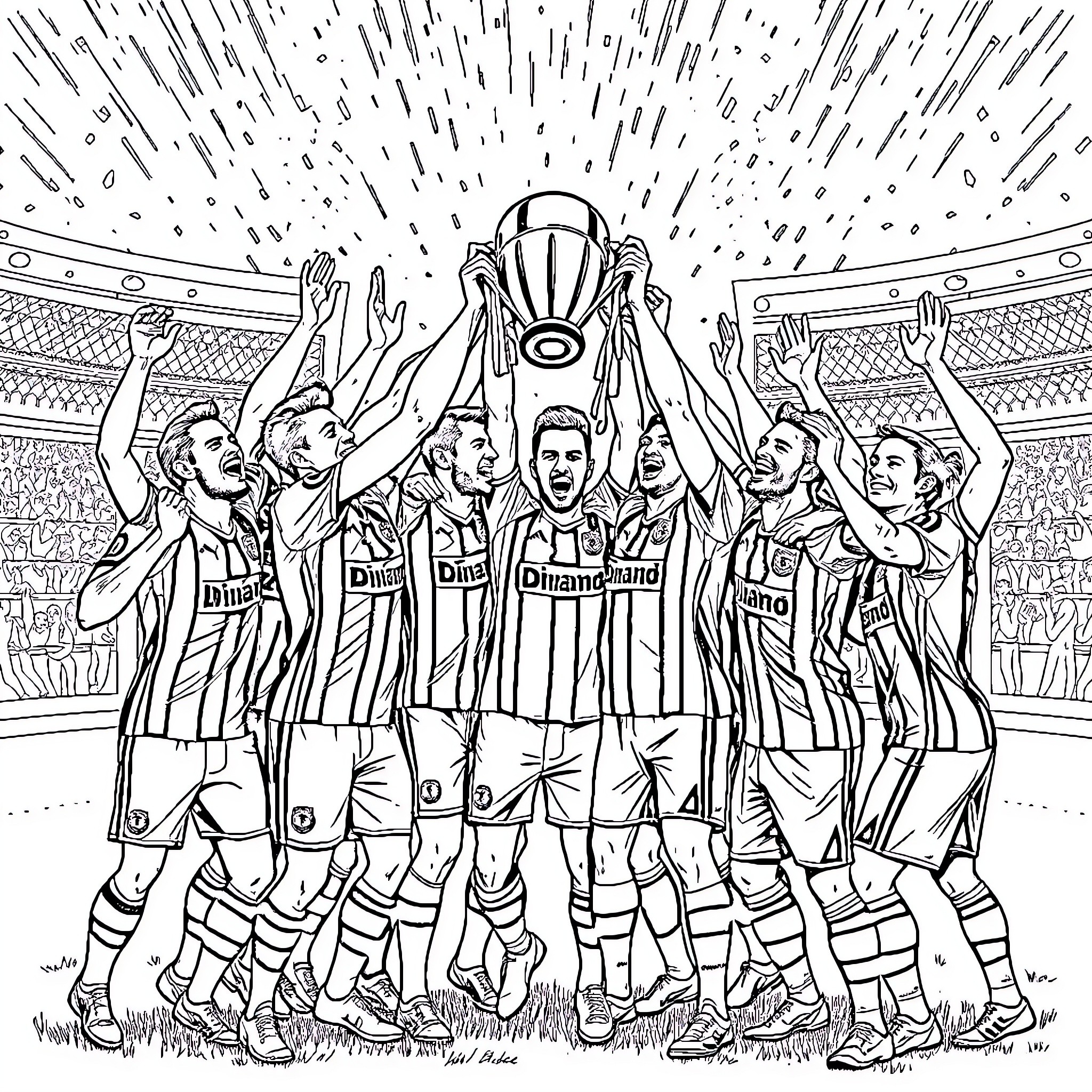 Dinamo Zagreb players celebrating trophy victory Coloring Page (free black-and-white line drawing printable PDF for all, from beginners to advanced learners, including children, teens, adults, and seniors)