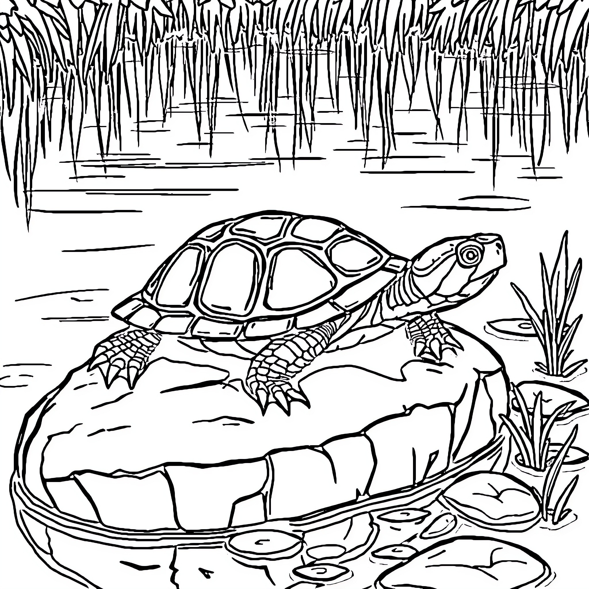 Turtle exploring the pond Coloring Page (free black-and-white line drawing printable PDF for all, from beginners to advanced learners, including children, teens, adults, and seniors)