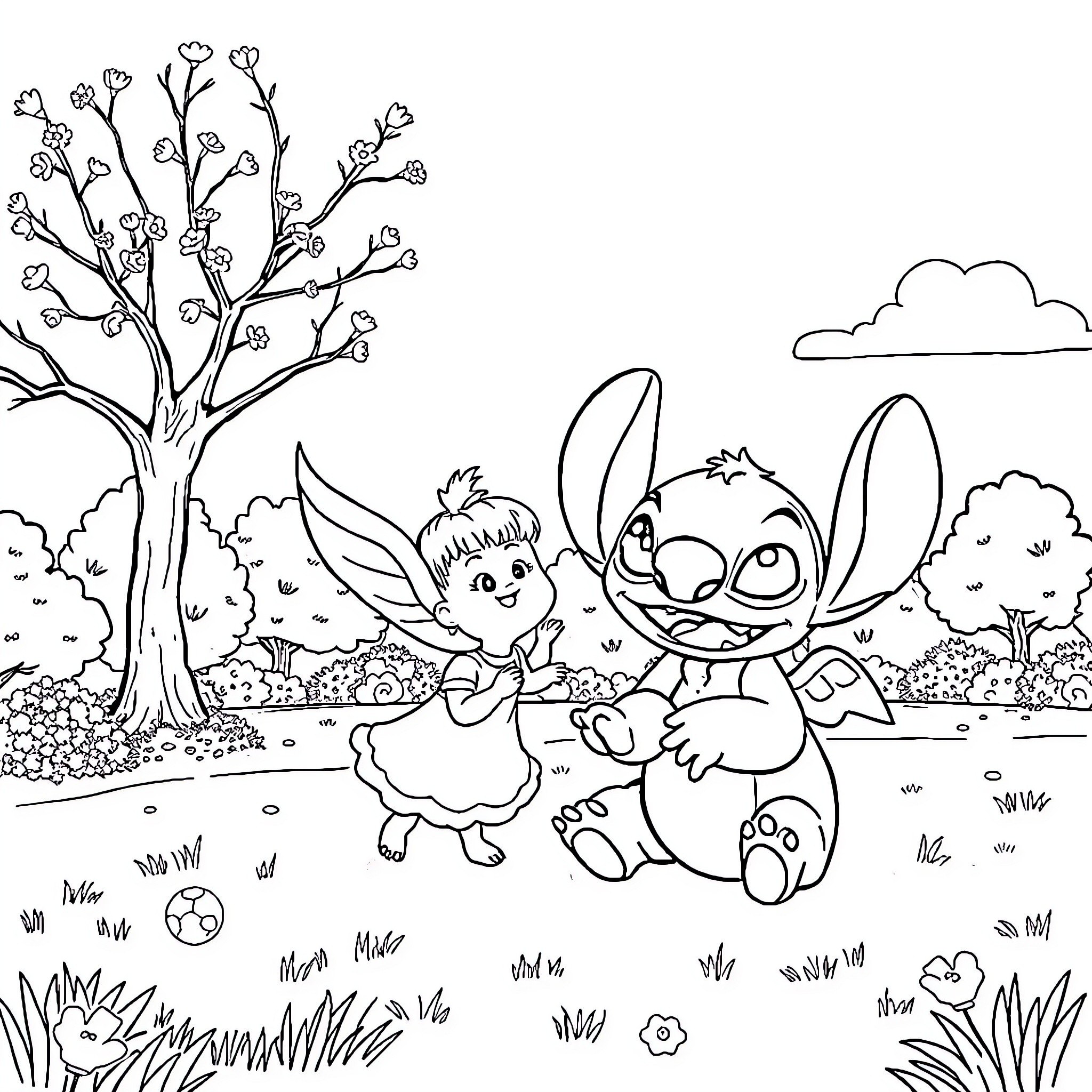 Stitch and Angel Playing in the Meadow Coloring Page (free black-and-white line drawing printable PDF for all, from beginners to advanced learners, including children, teens, adults, and seniors)