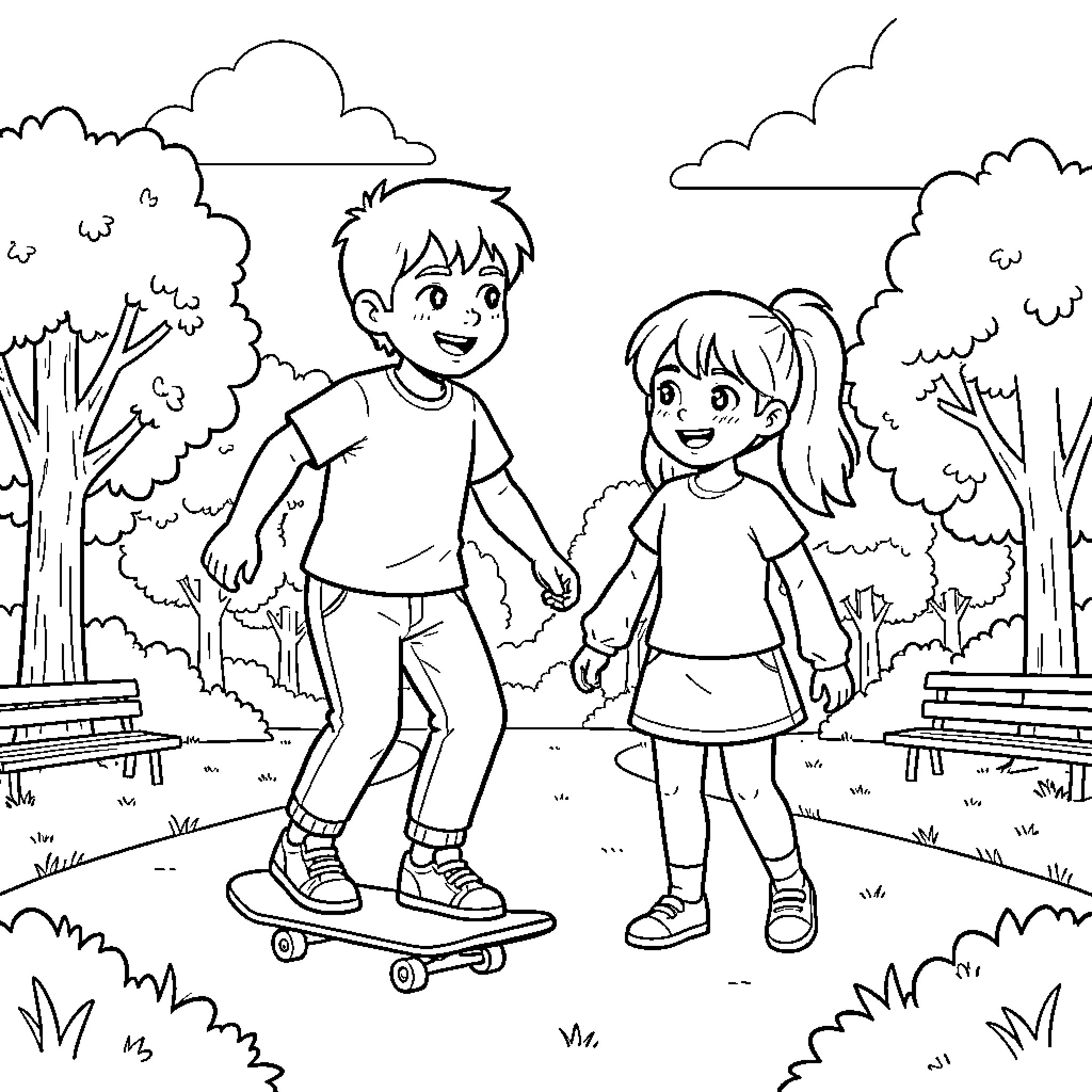 Loyd skateboarding joyfully while a girl watches nearby Coloring Page (free black-and-white line drawing printable PDF for all, from beginners to advanced learners, including children, teens, adults, and seniors)