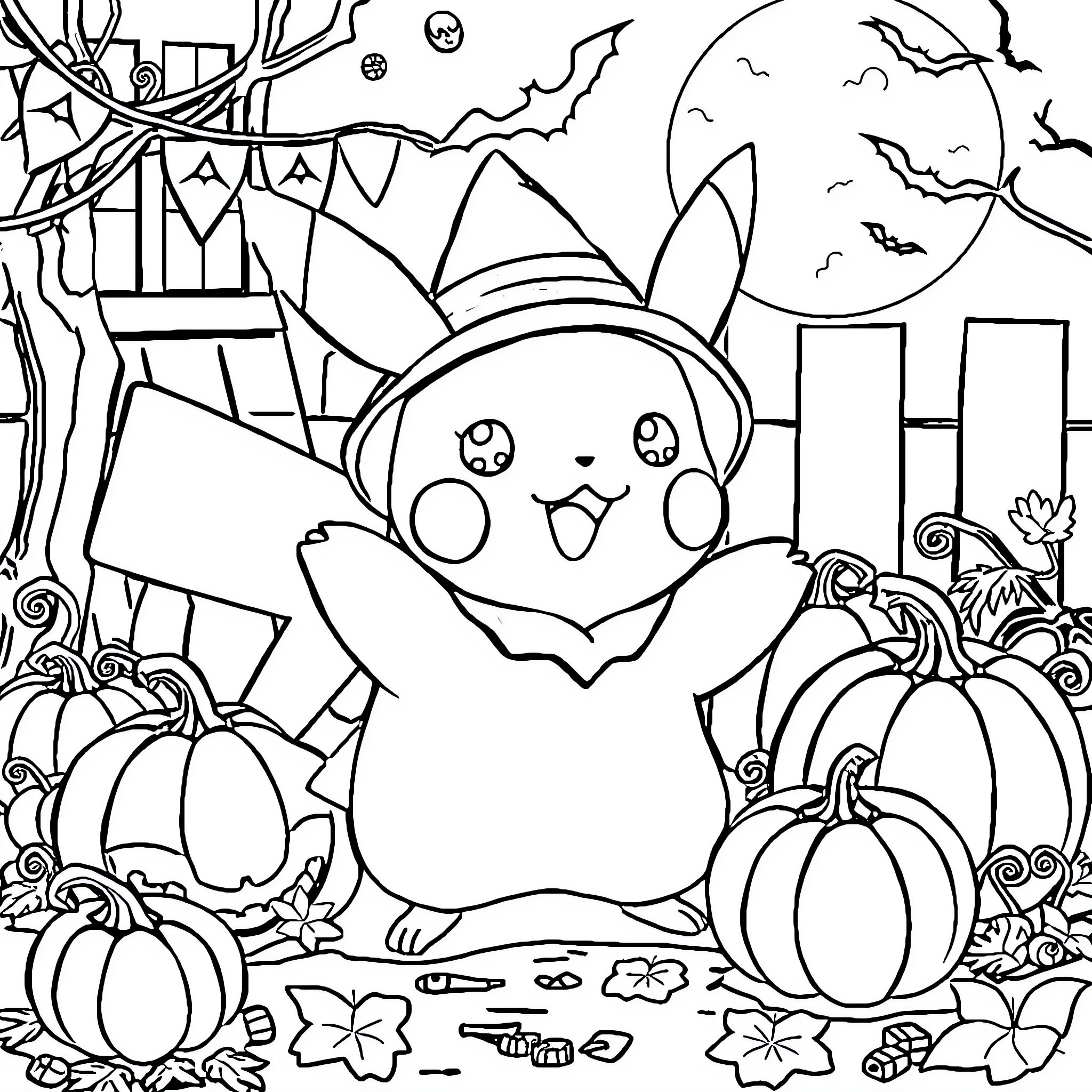 Pikachu's Spooky Halloween Adventure Coloring Page (free black-and-white line drawing printable PDF for all, from beginners to advanced learners, including children, teens, adults, and seniors)