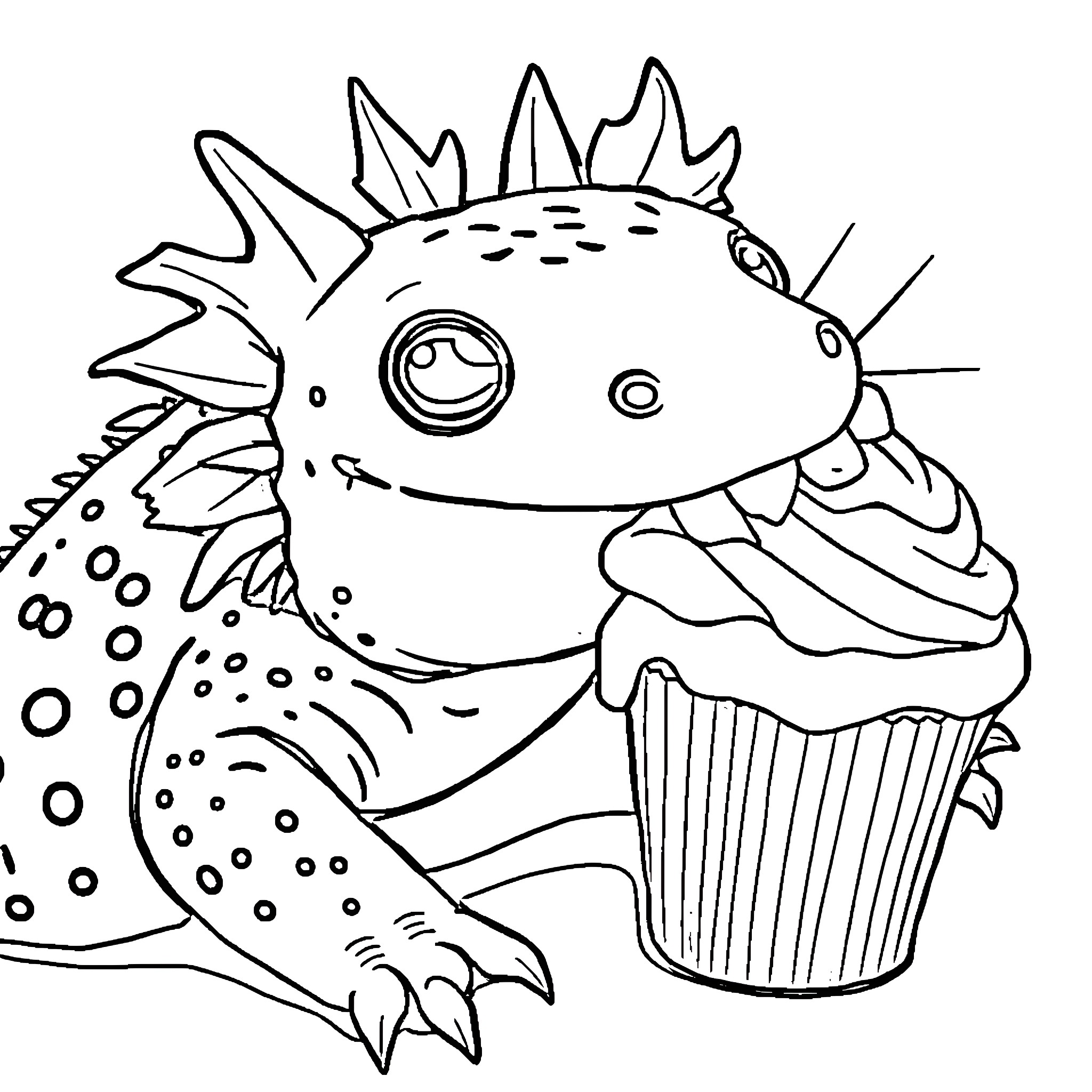 Axolotl holding a cupcake Coloring Page (free black-and-white line drawing printable PDF for all, from beginners to advanced learners, including children, teens, adults, and seniors)
