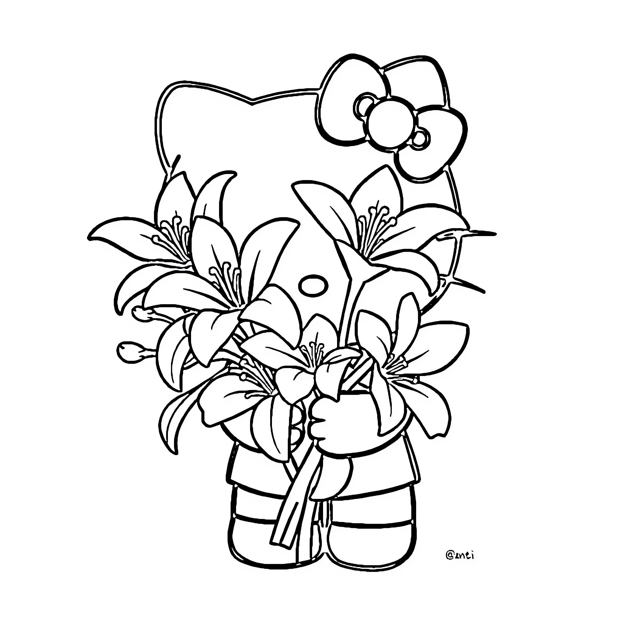 Hello Kitty holding a bouquet of flowers Coloring Page (free black-and-white line drawing printable PDF for all, from beginners to advanced learners, including children, teens, adults, and seniors)
