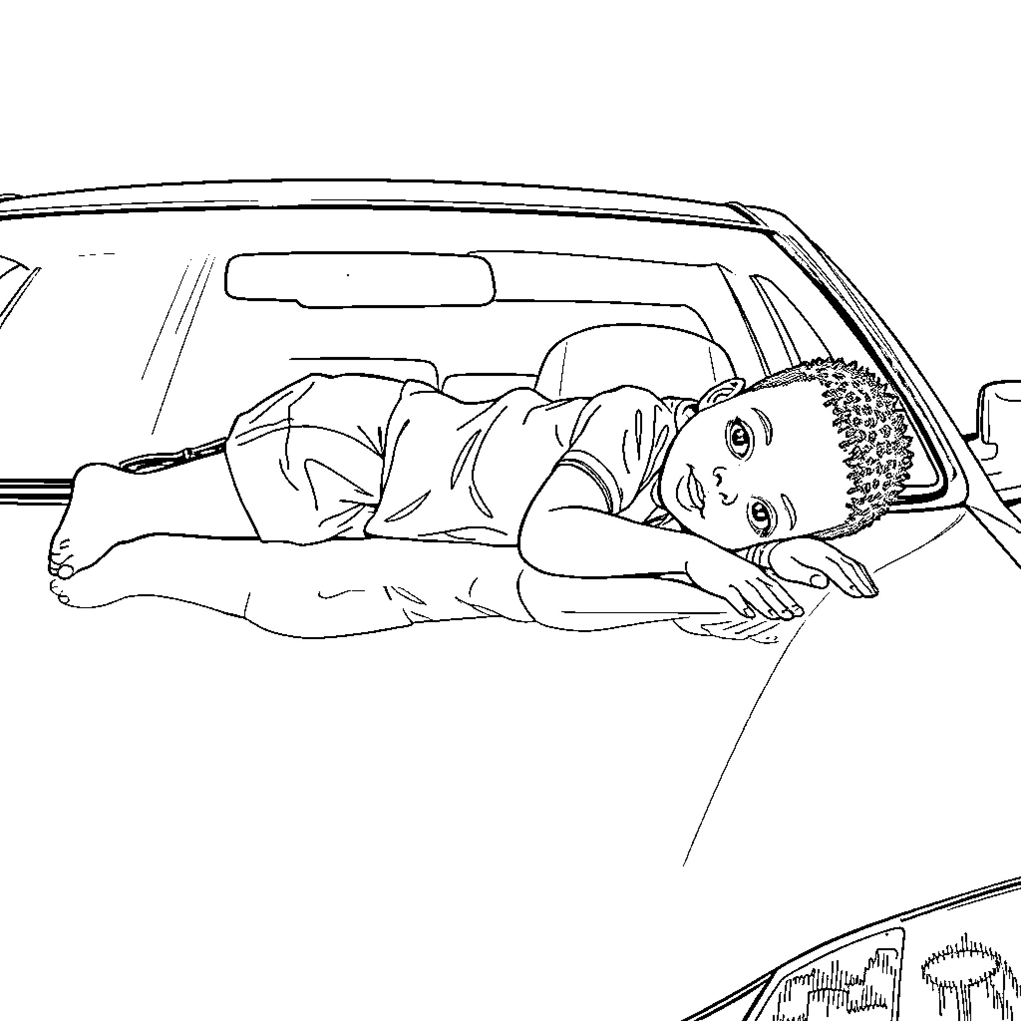 Kid resting peacefully in car Coloring Page (free black-and-white line drawing printable PDF for all, from beginners to advanced learners, including children, teens, adults, and seniors)