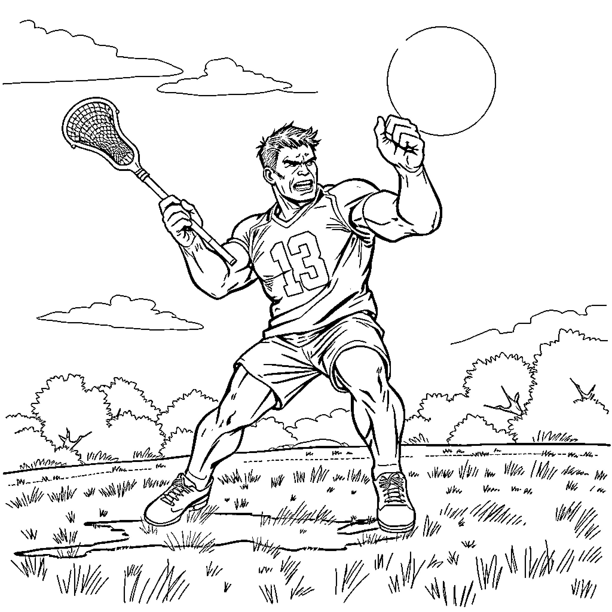 Hulk Lacrosse Player Celebrating Game Victory Coloring Page (free black-and-white line drawing printable PDF for all, from beginners to advanced learners, including children, teens, adults, and seniors)