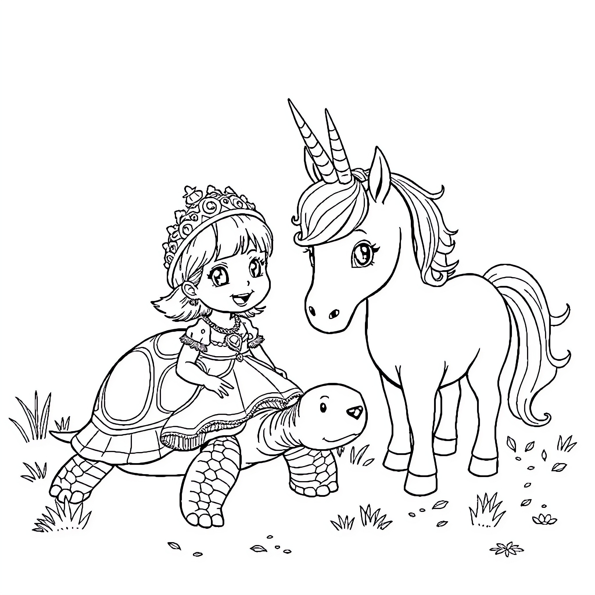 Turtle Princess and her Unicorn Companion Coloring Page (free black-and-white line drawing printable PDF for all, from beginners to advanced learners, including children, teens, adults, and seniors)